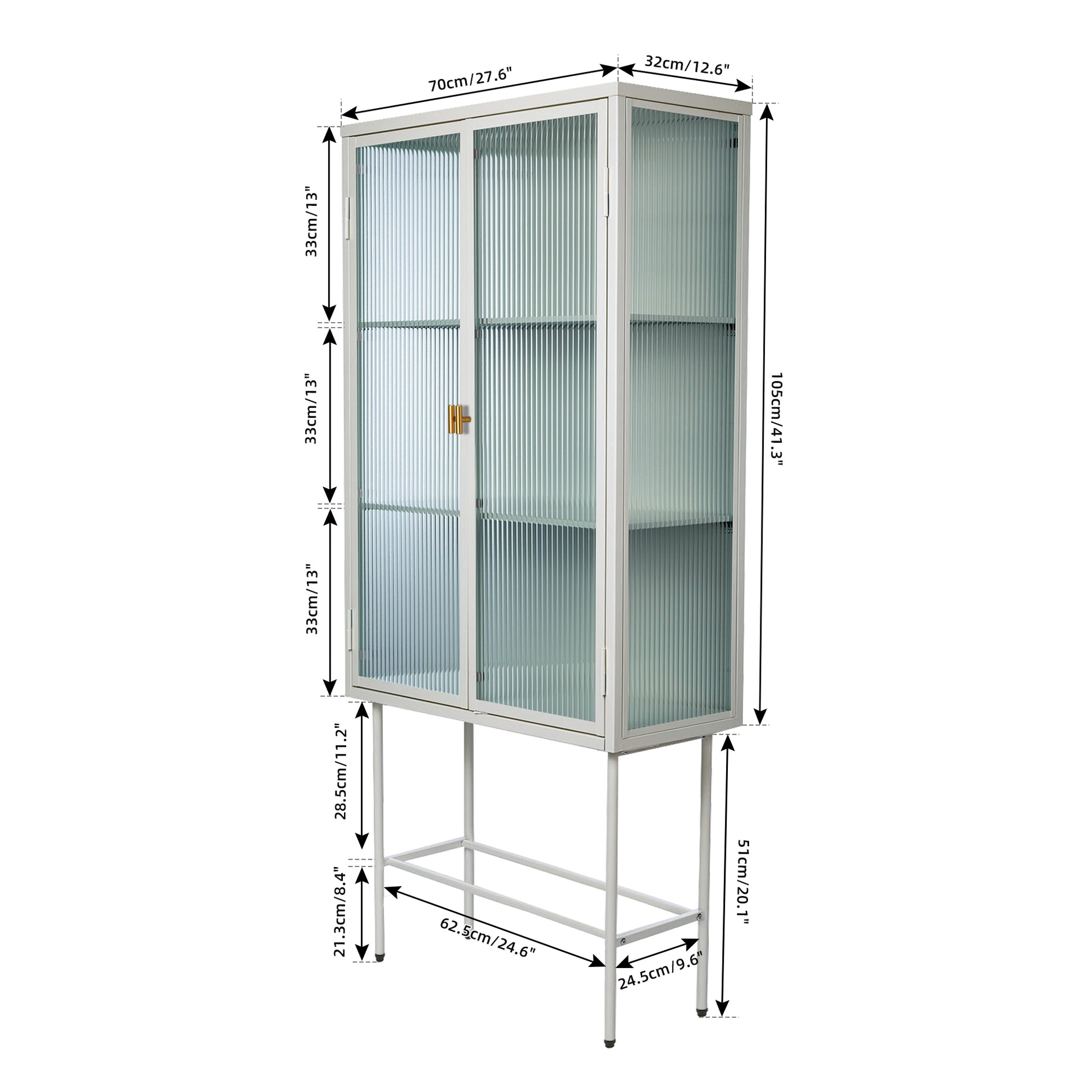 White Tall Freestanding Display Cupboard Stylish Fluted Glass Storage Cabinet With Glass Doors Three Detachable Shelves Bottom Space For Office Dining Room Living Room Bedside Old Sku:W68743735 White Steel