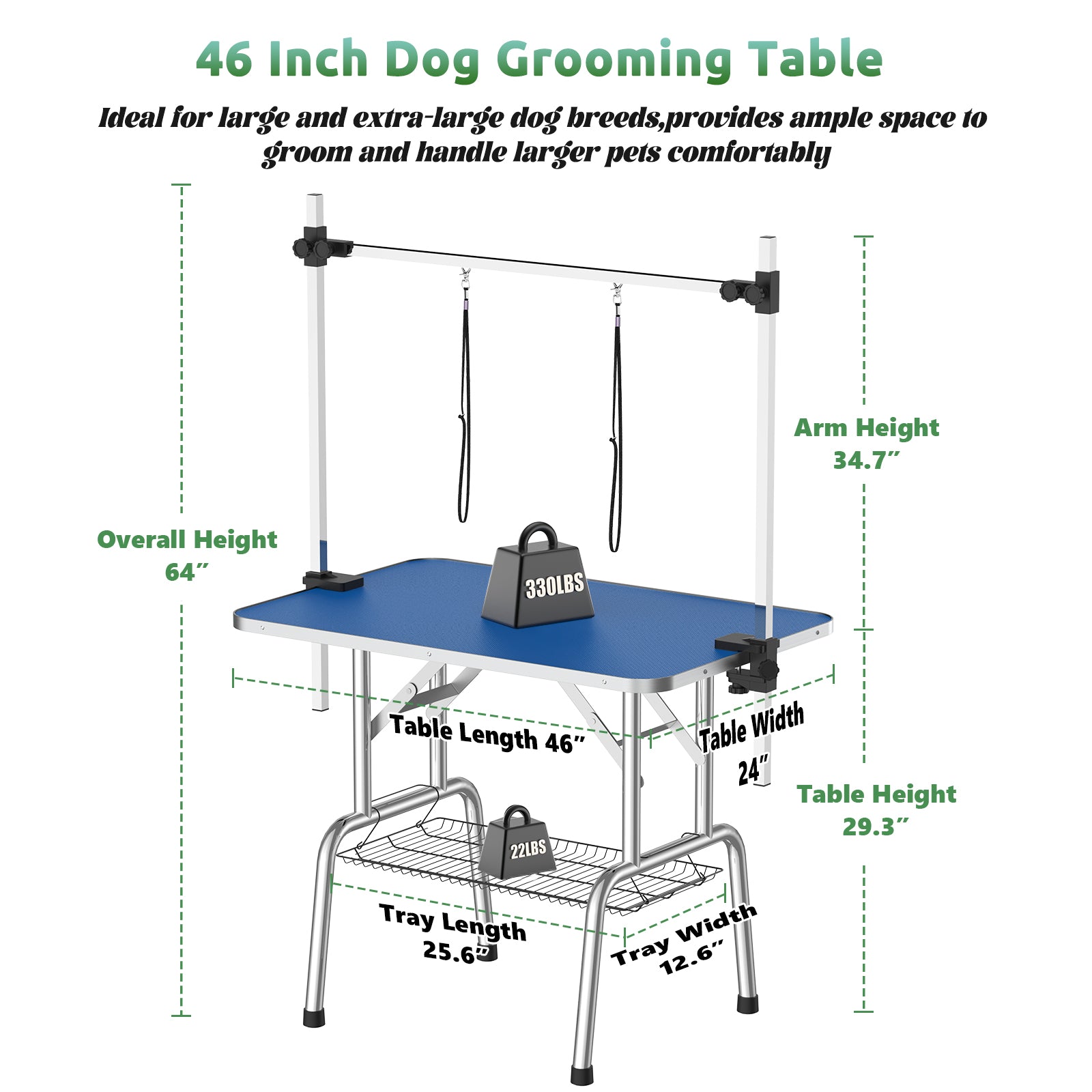 46 Inch Foldable Dog Grooming Table For Home With Adjustable Arm, Noose, Non Slip Surface, And Storage Mesh Tray Blue Mdf Metal