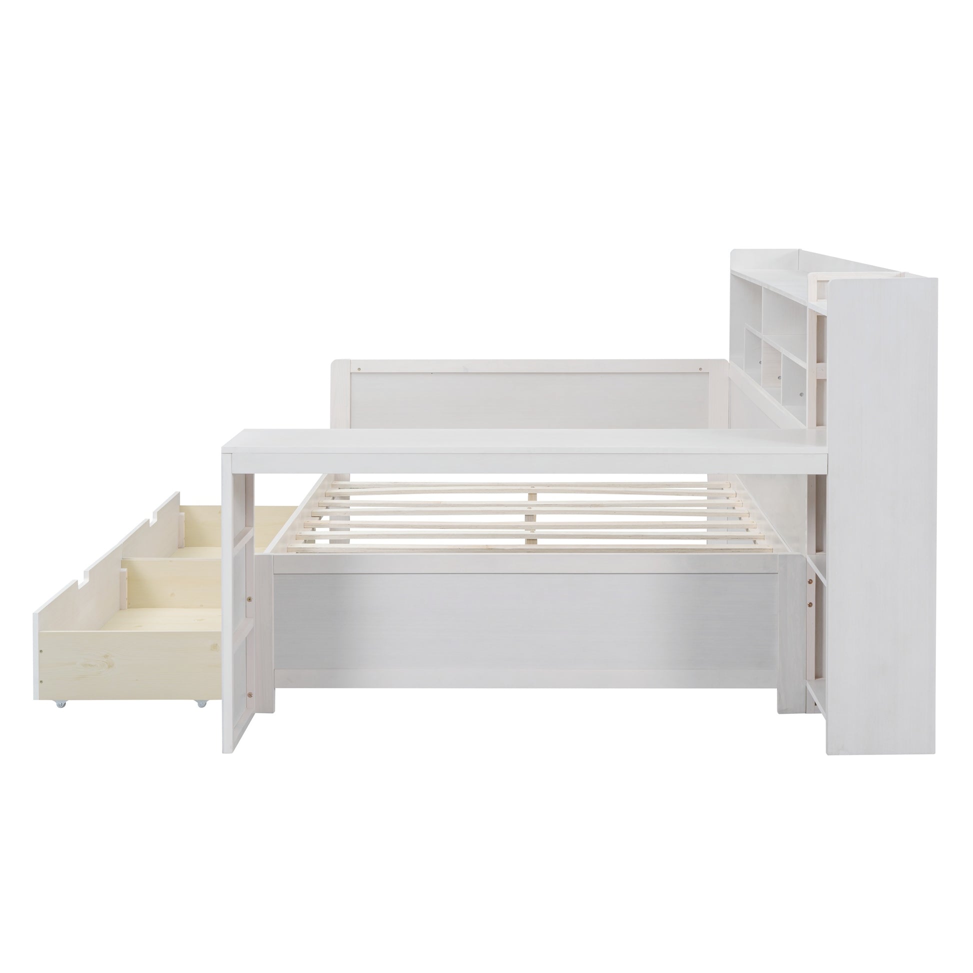 Wooden Full Size Daybed With Storage Shelves, Multi Functional Bed With Two Storage Drawers And Study Desk, Antique White Full Antique White Wood