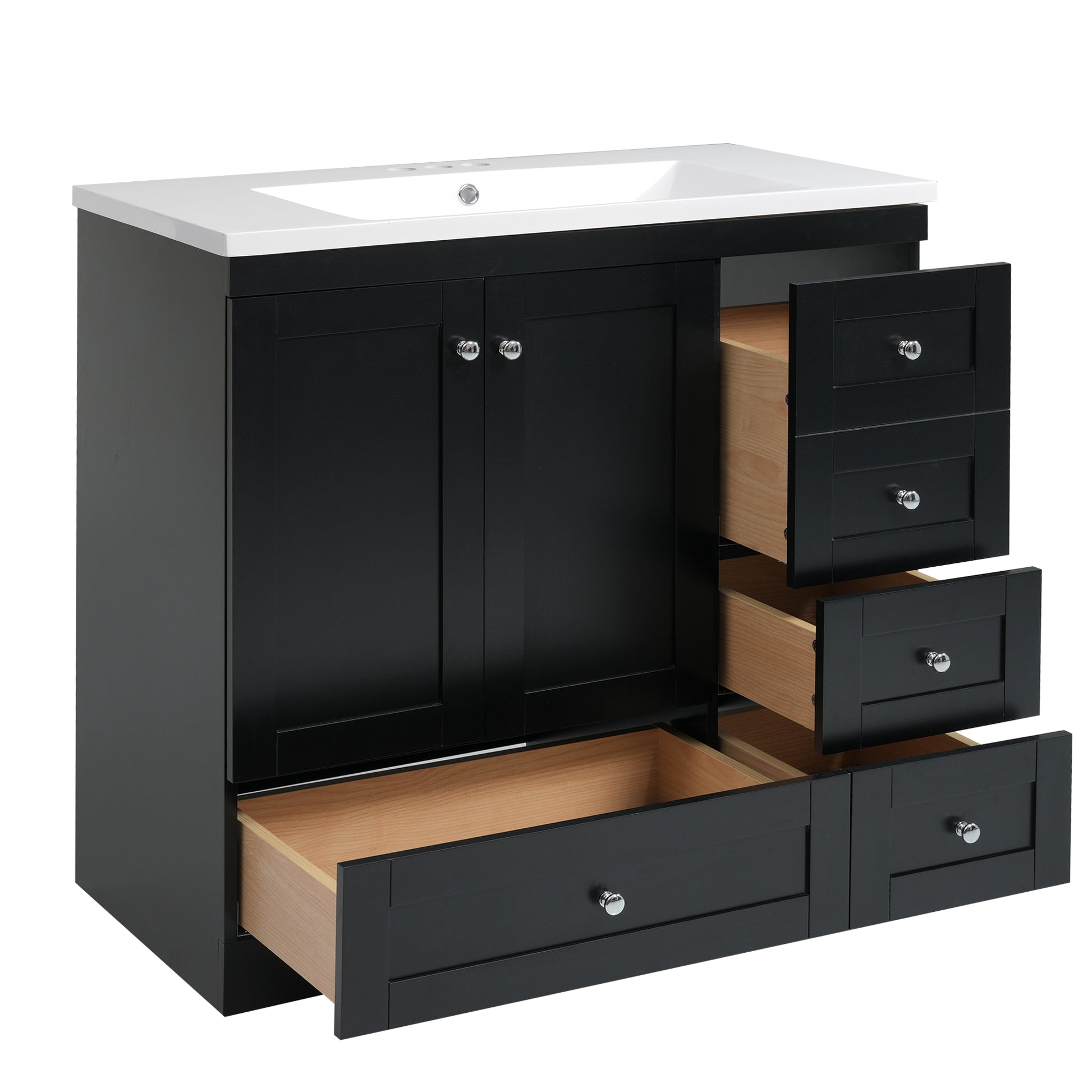 Video 36 Inch Shaker Style Free Standing Bathroom Vanity Cabinet With Sink, 4 Soft Close Drawers And 2 Soft Close Doors Black Bathroom Mdf