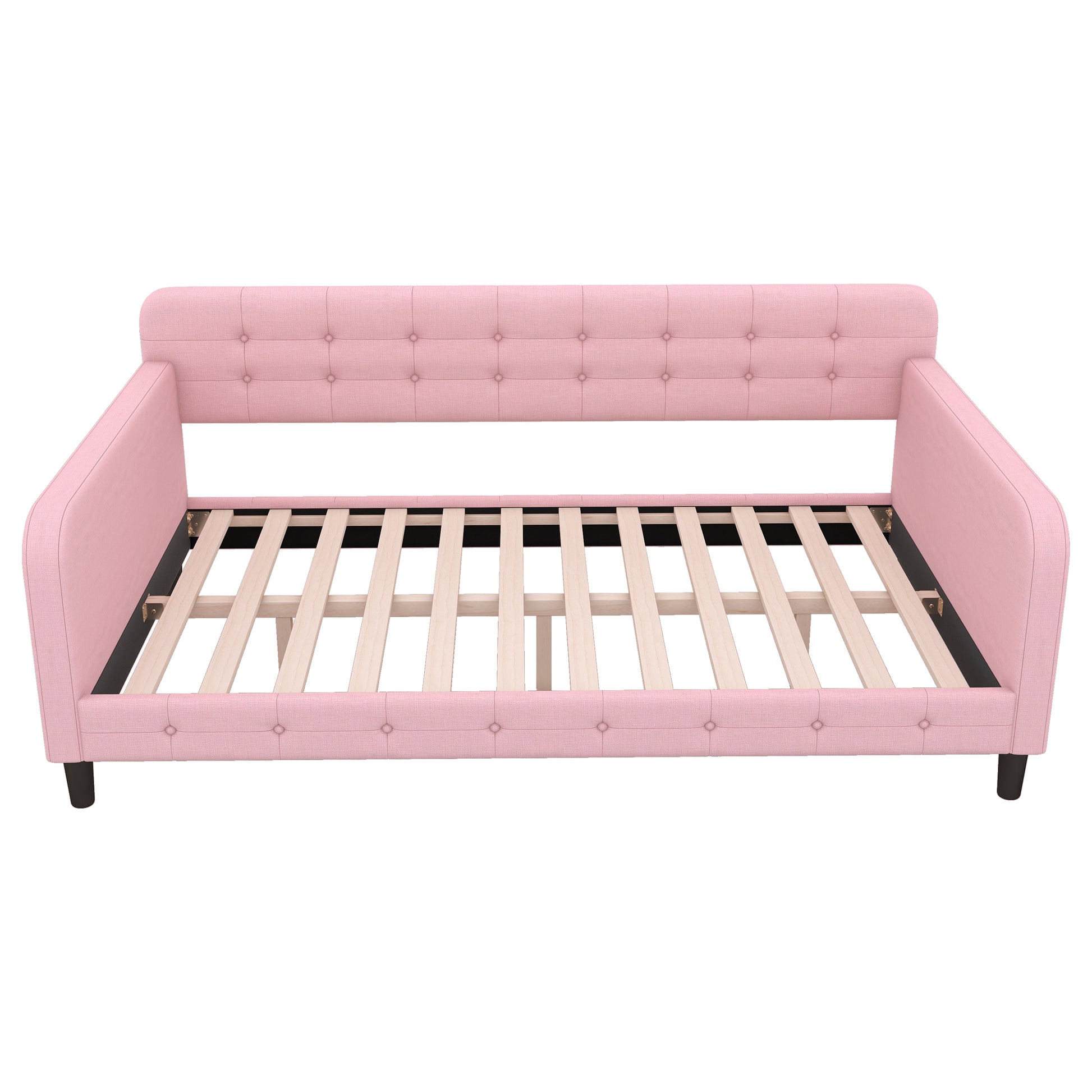 Twin Size Upholstered Tufted Daybed With 4 Support Legs, Pink Box Spring Not Required Twin Pink Wood Bedroom Daybeds Linen Upholstered