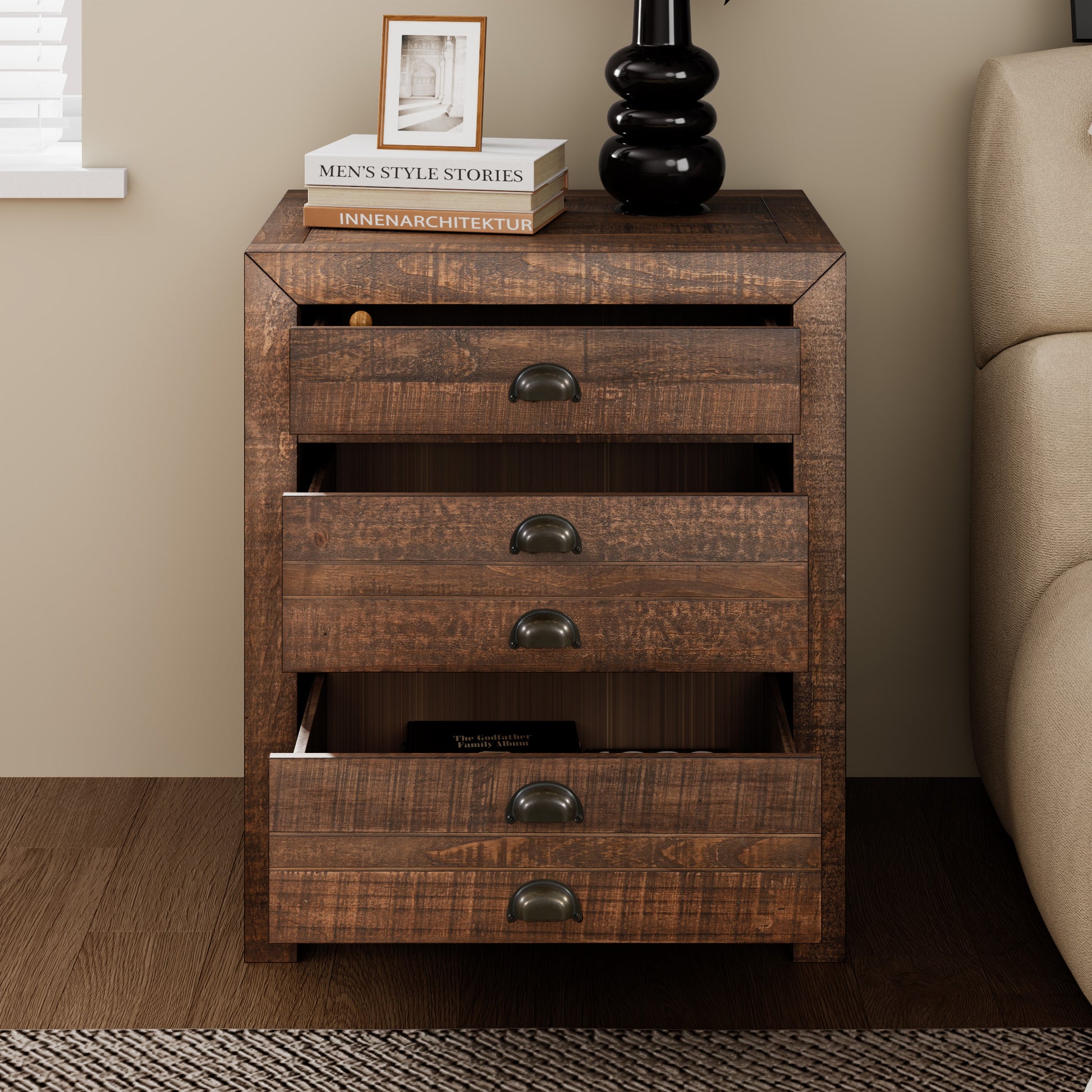 Rustic Farmhouse Style Three Drawer Solid Pine Wood Nightstand With Cup Pulls And Integrated Charge Station Brown 3 Drawers Bedroom Pine Pine,Plywood