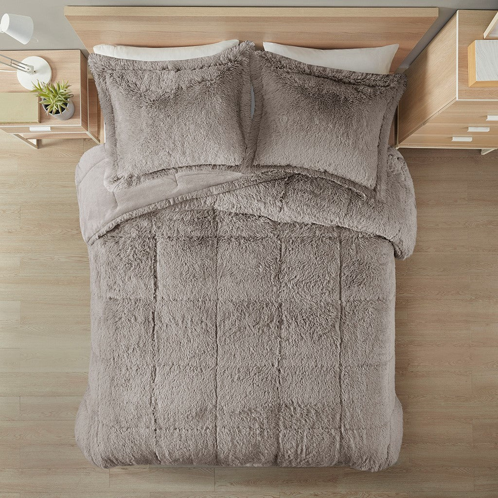 Shaggy Long Fur Comforter Mini Set Twin Grey Polyester