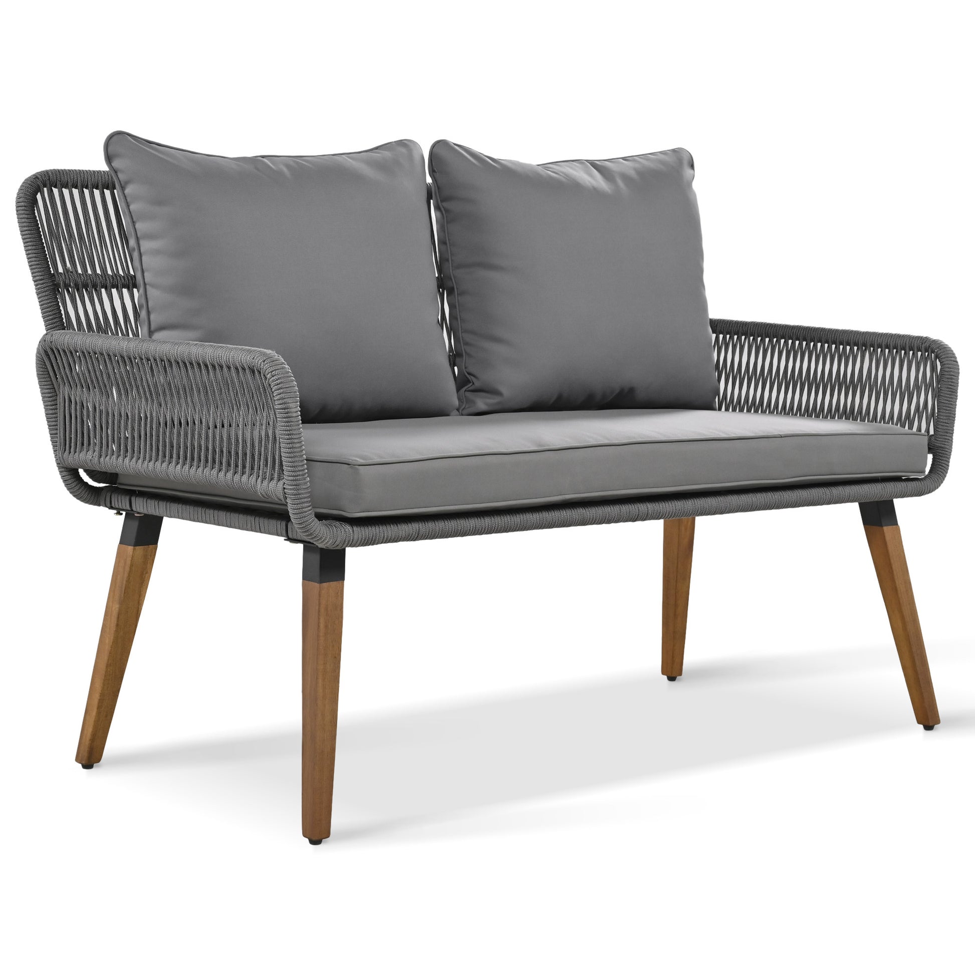 K&K 6 Piece Rope Patio Furniture Set, Outdoor Furniture With Acacia Wood Cool Bar Table With Ice Bucketdeep Seat Patio Conversation Set With Two Stools For Backyard Porch Balcony Grey Yes Complete Patio Set Grey Weather Resistant Frame Fade Resistant