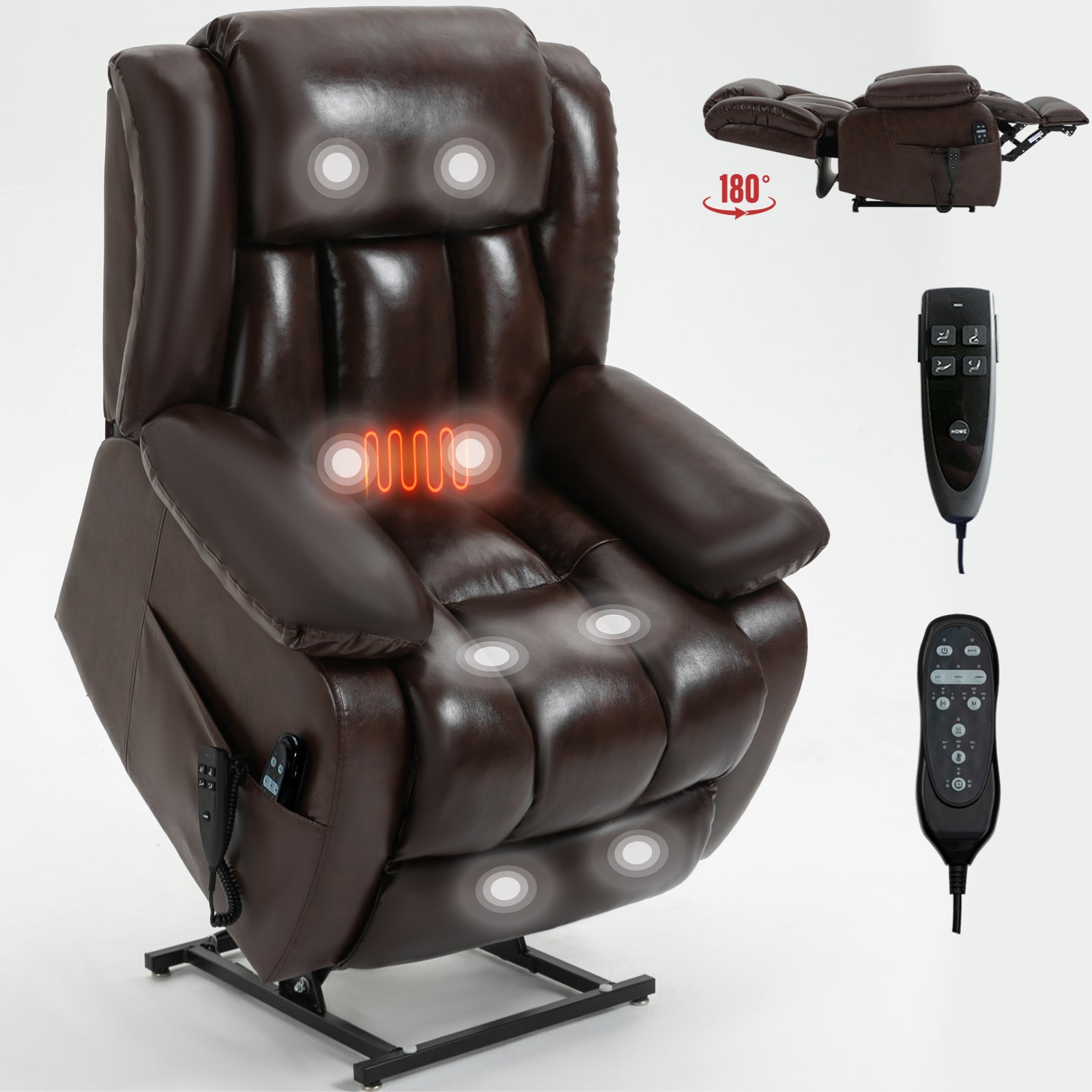 Dual Motor Infinite Position Up To 350 Lbs Electric Medium Size Genuine Leather Brown Power Lift Recliner Chair With 8 Point Vibration Massage And Lumbar Heating White Metal Primary Living Space Heavy Duty Pine Antique Brown Genuine Leather Power Remote