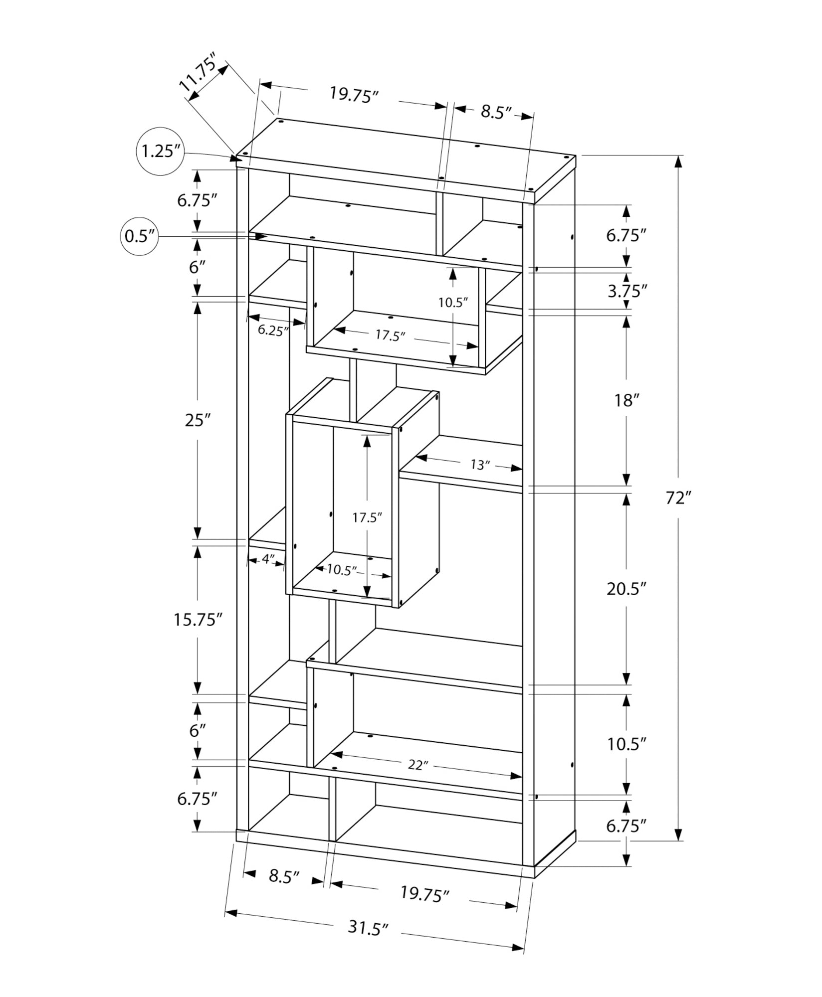 Bookshelf, Bookcase, Etagere, 72"H, Office, Bedroom, White Laminate, Contemporary, Modern White Particle Board