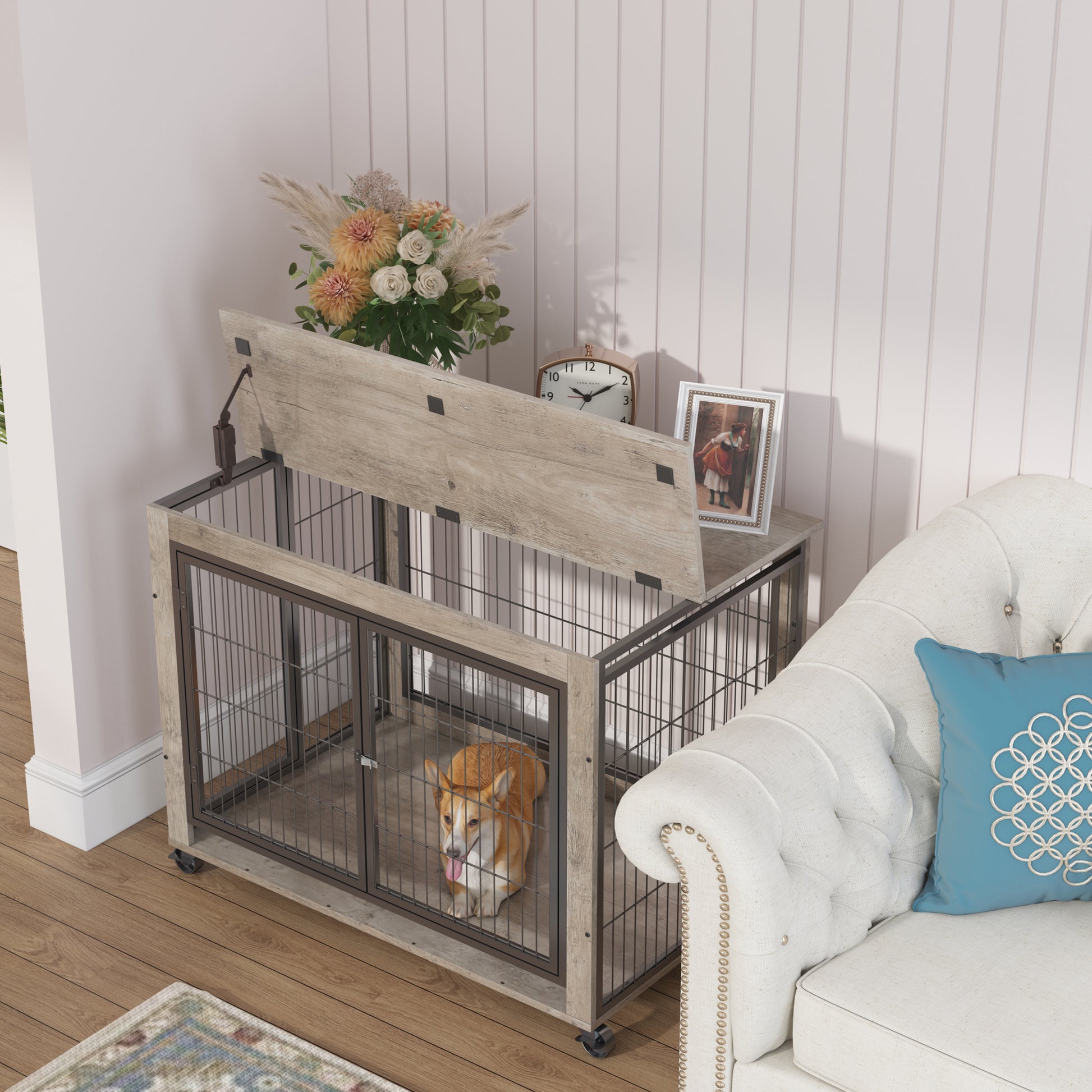 Furniture Style Dog Crate Side Table On Wheels With Double Doors And Lift Top.Grey,38.58''W X 25.5''D X 27.36''H. Grey Particle Board