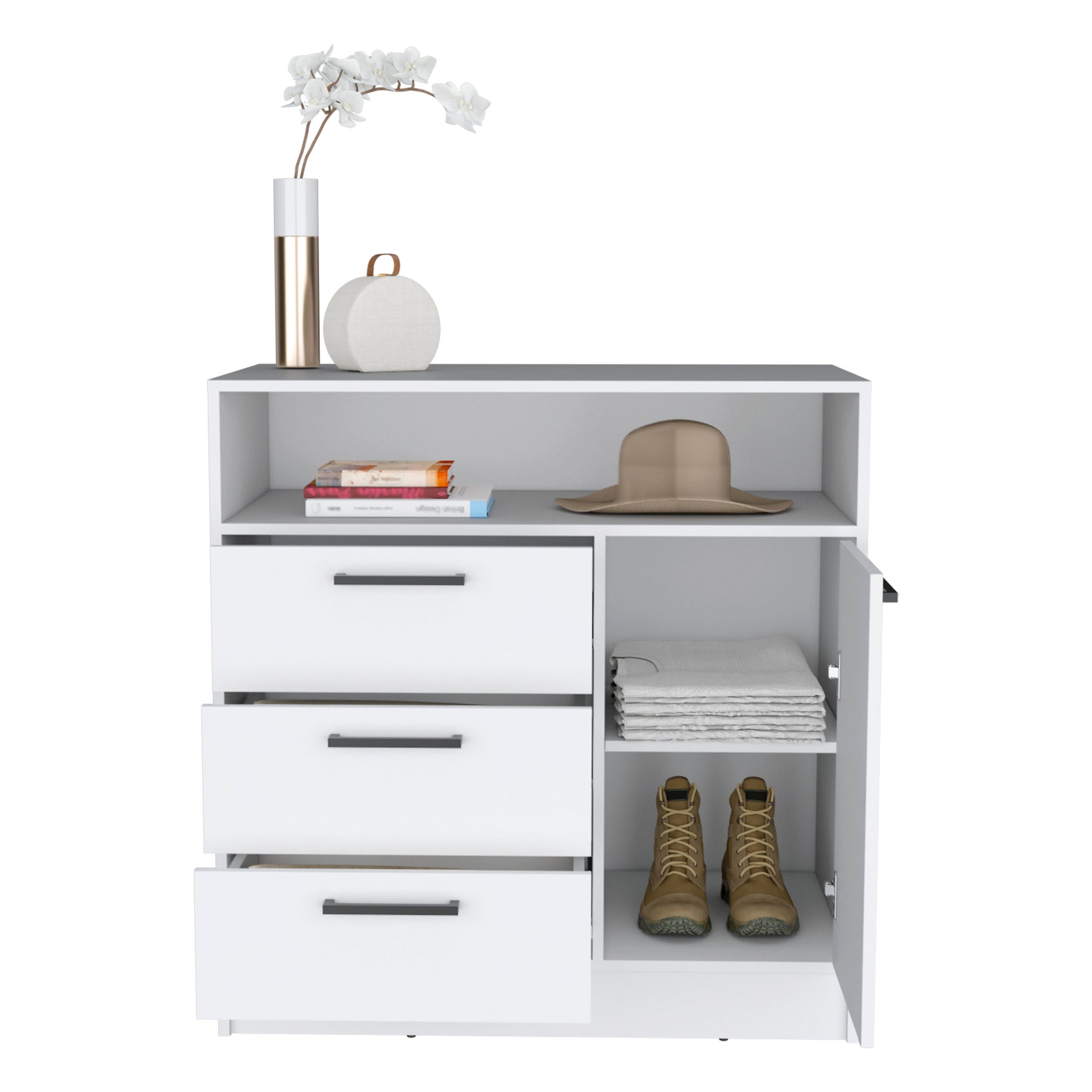 Omaha Dresser Multi Storage Compact Unit With Spacious 3 Drawers And Cabinet White White Particle Board