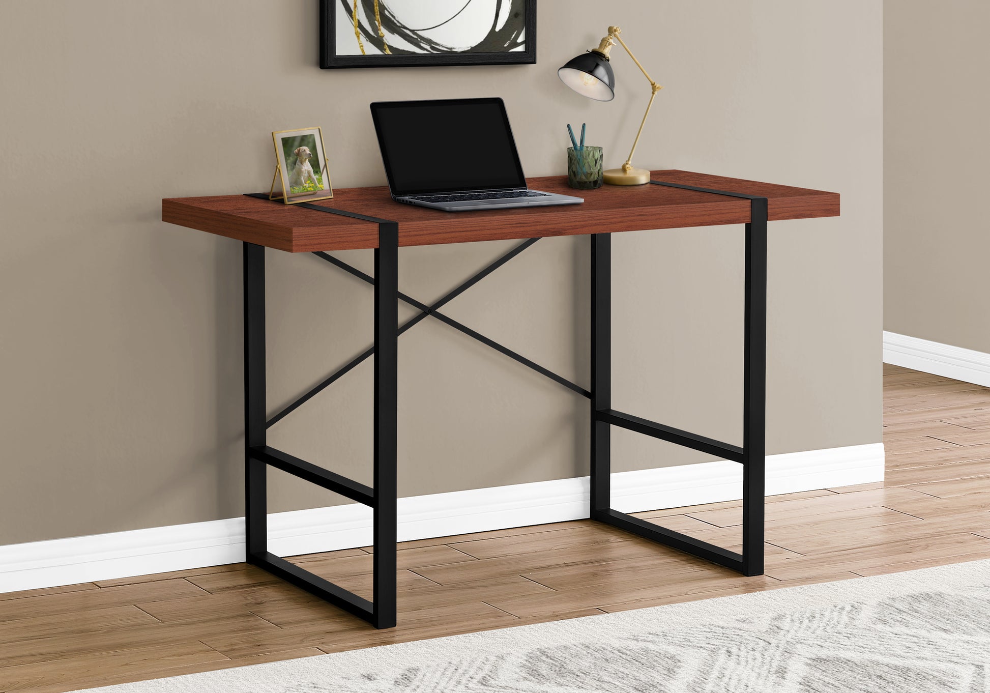 Computer Desk, Home Office, Laptop, 48"L, Work, Brown Laminate, Black Metal, Contemporary, Modern Cherry Particle Board