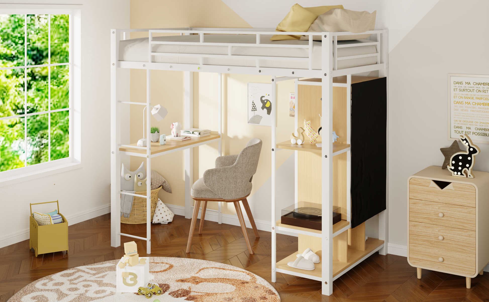 Twin Size Metal Loft Bed With Built In Wardrobe, Desk And Shelves, Black Expected Arrival Time: 9.3 Box Spring Not Required Twin White Metal Mdf Metal