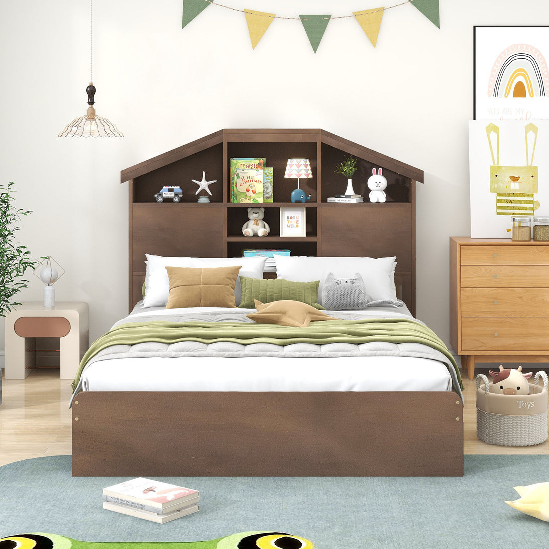 Full Size Wood Platform Bed With House Shaped Storage Headboard And 2 Drawers, Walnut Box Spring Not Required Full Walnut Wood Bedroom Solid Wood Mdf