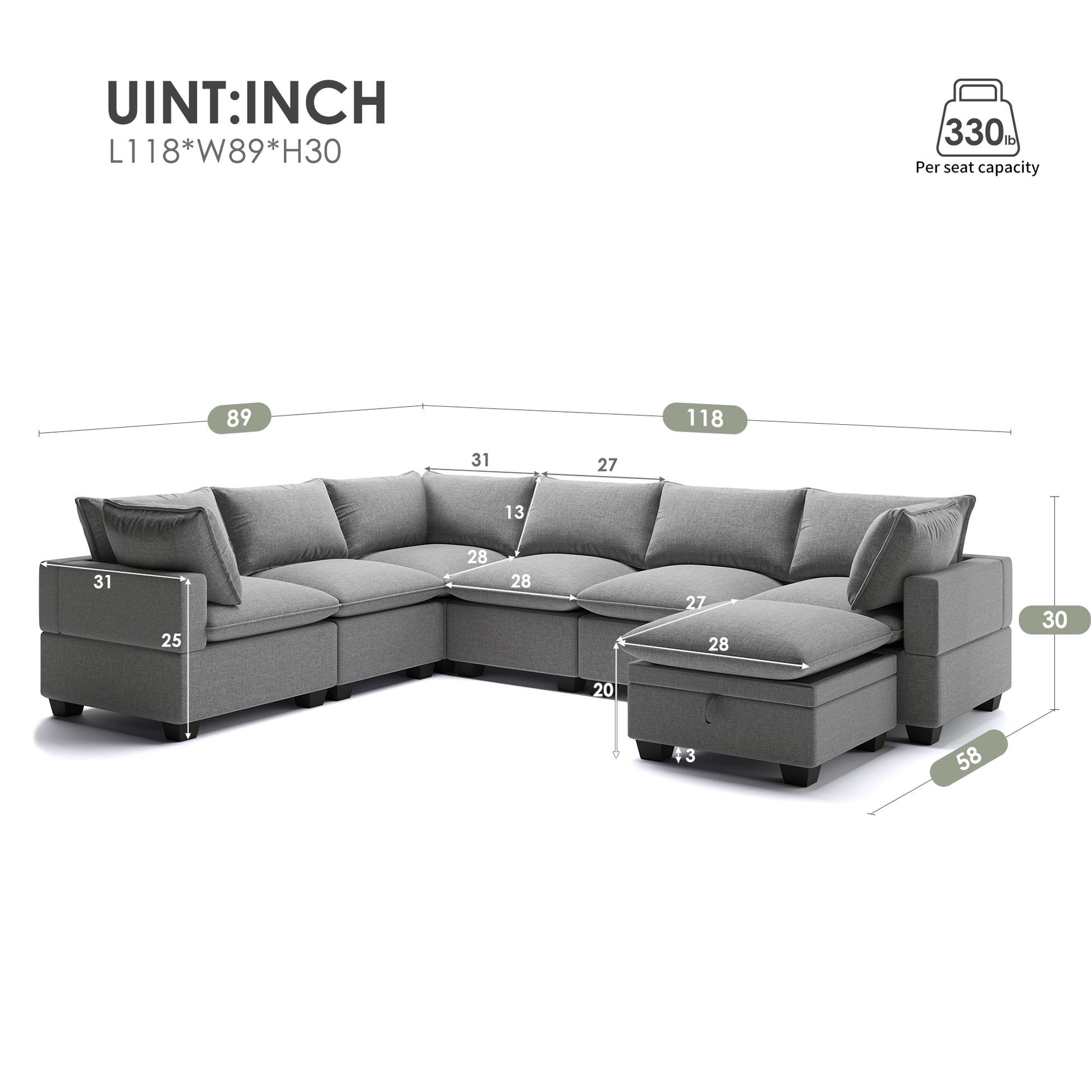 120*93" Modern U Shape Modular Sofa With Storage Ottoman,Luxury 7 Seat Sectional Couch Set With 2 Pillows Included,Freely Combinable Indoor Funiture For Living Room, Apartment Gray Polyester 7 Seat