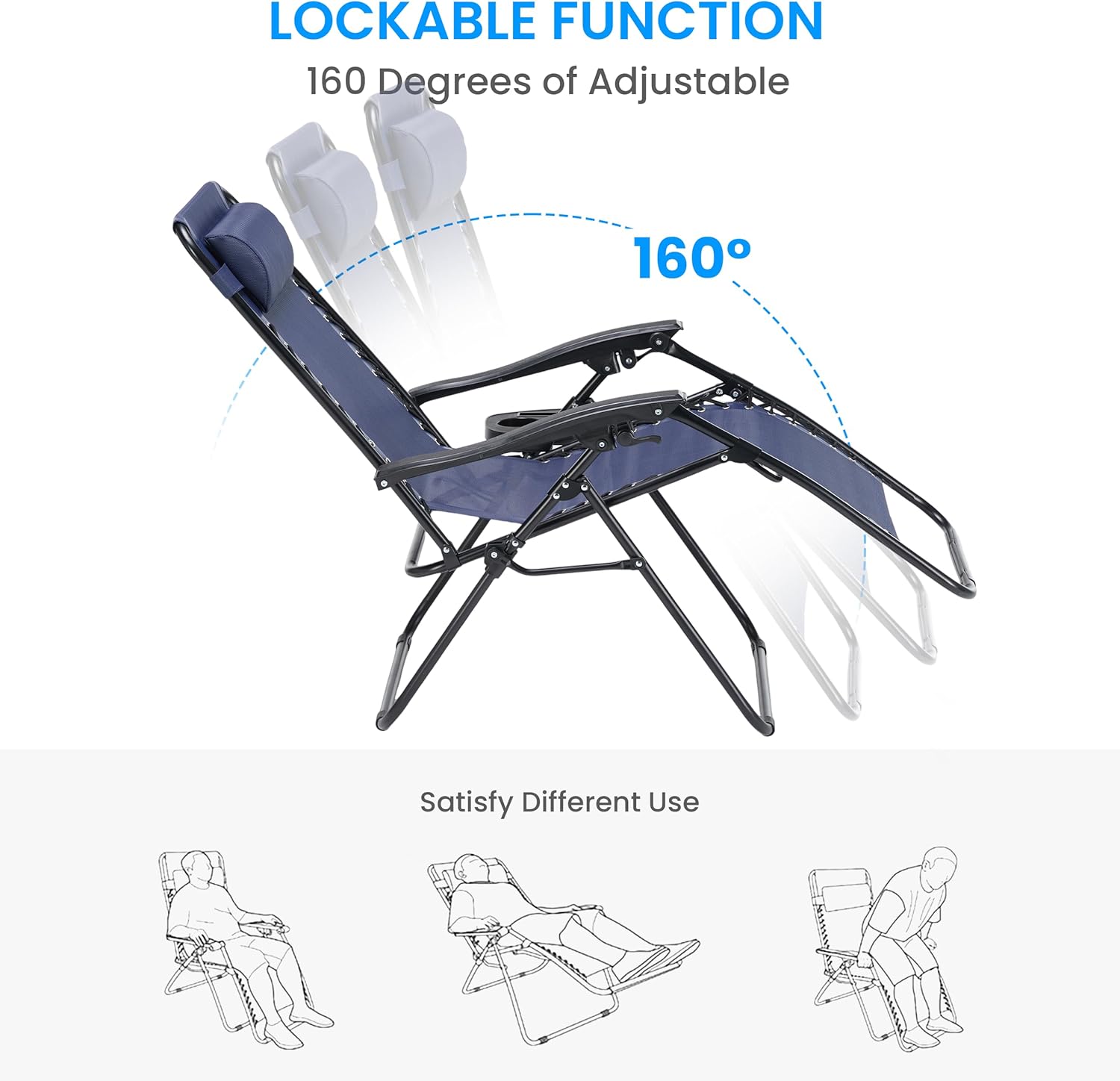 2 Set Zero Gravity Chairs Patio Portable Reclining Folding Lounge Chair Beach Camping Chairs With Pillow And Cup Holder Trays For Garden, Poolside, Blue Blue Steel