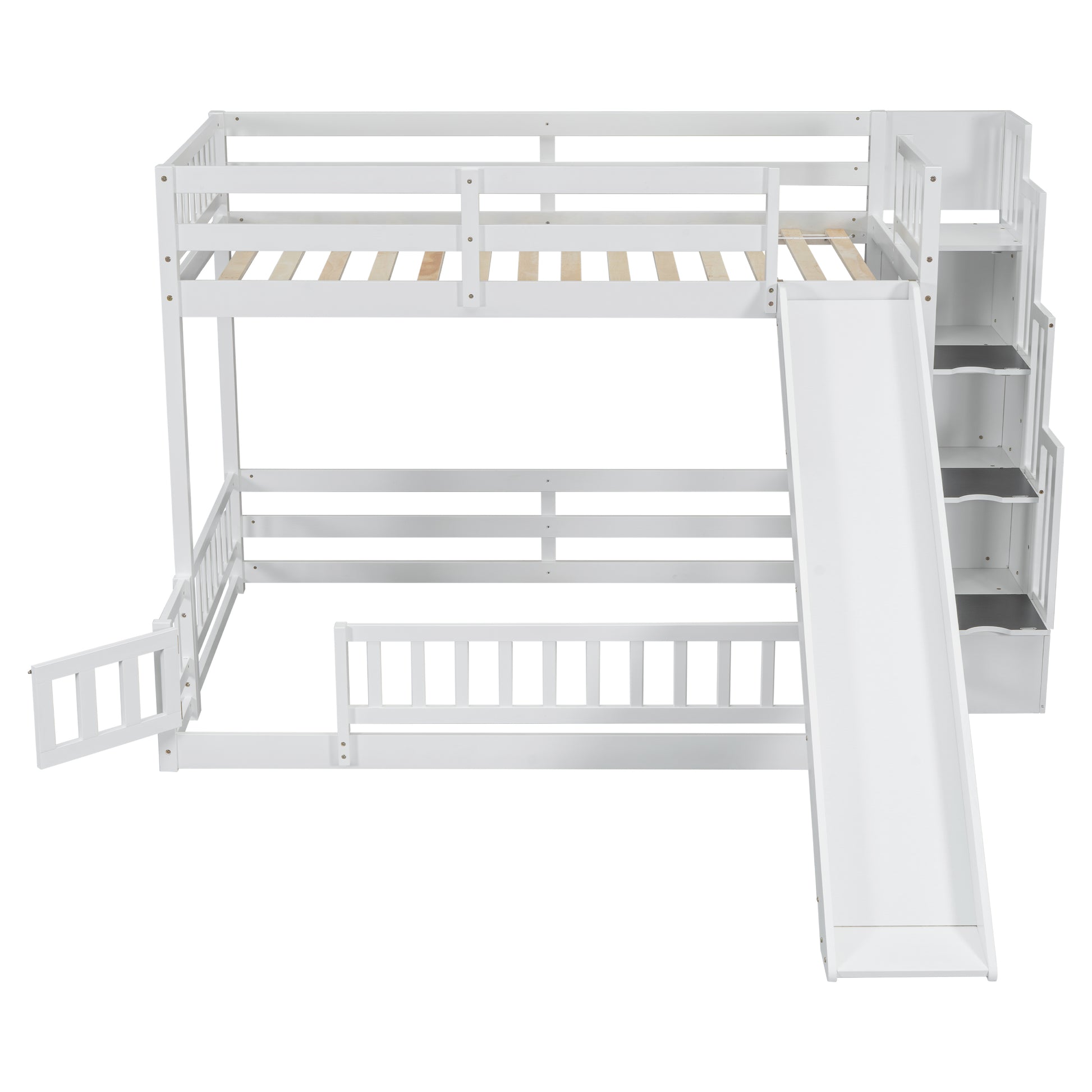 Twin Over Full Bunk Bed With Slide, Storage Staircase, Pine Solid Wooden Bunk Bed With Safety Guardrails,White White Pine