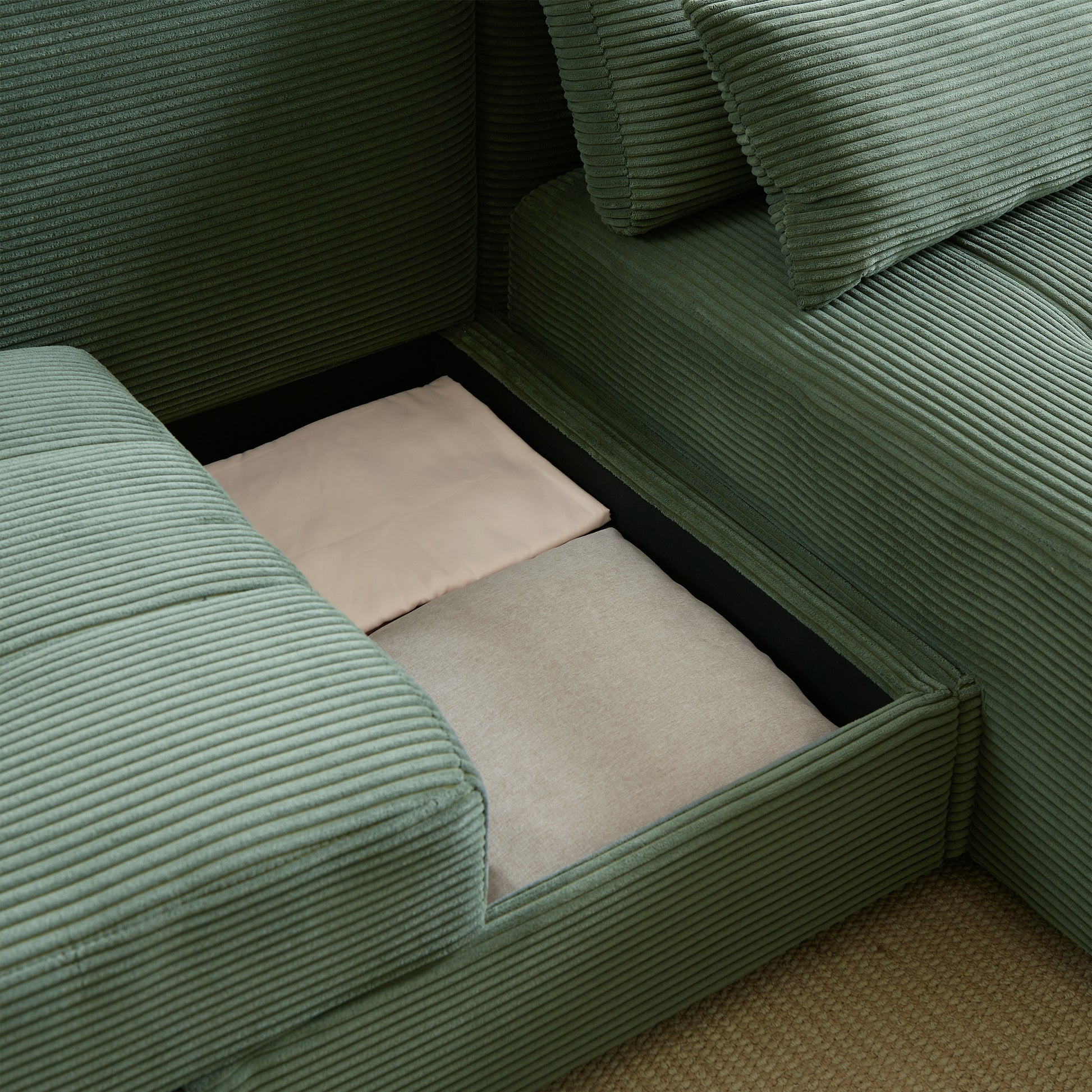 Convertible 3 In 1 Sleeper Sofa And Sectional Sofa With 4 Storage Space For Living Room,Corduroy Couch With 4 Pillows,Corduroy Army Green Corduroy 3 Seat