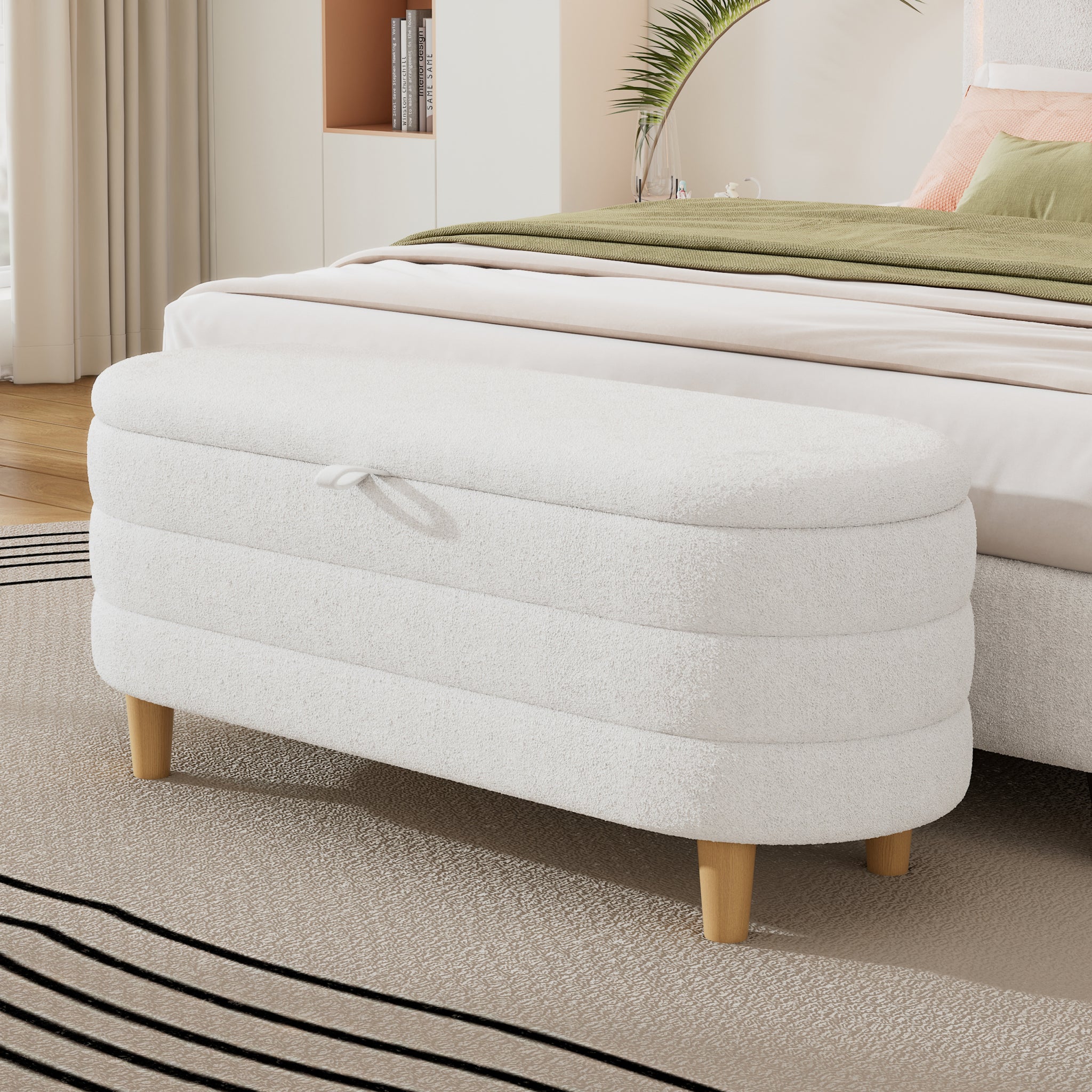 Elegant Upholstered Sherpa Fabric Storage Ottoman With Wood Legs, Storage Bench For Bedroom, Living Room, White White Wood