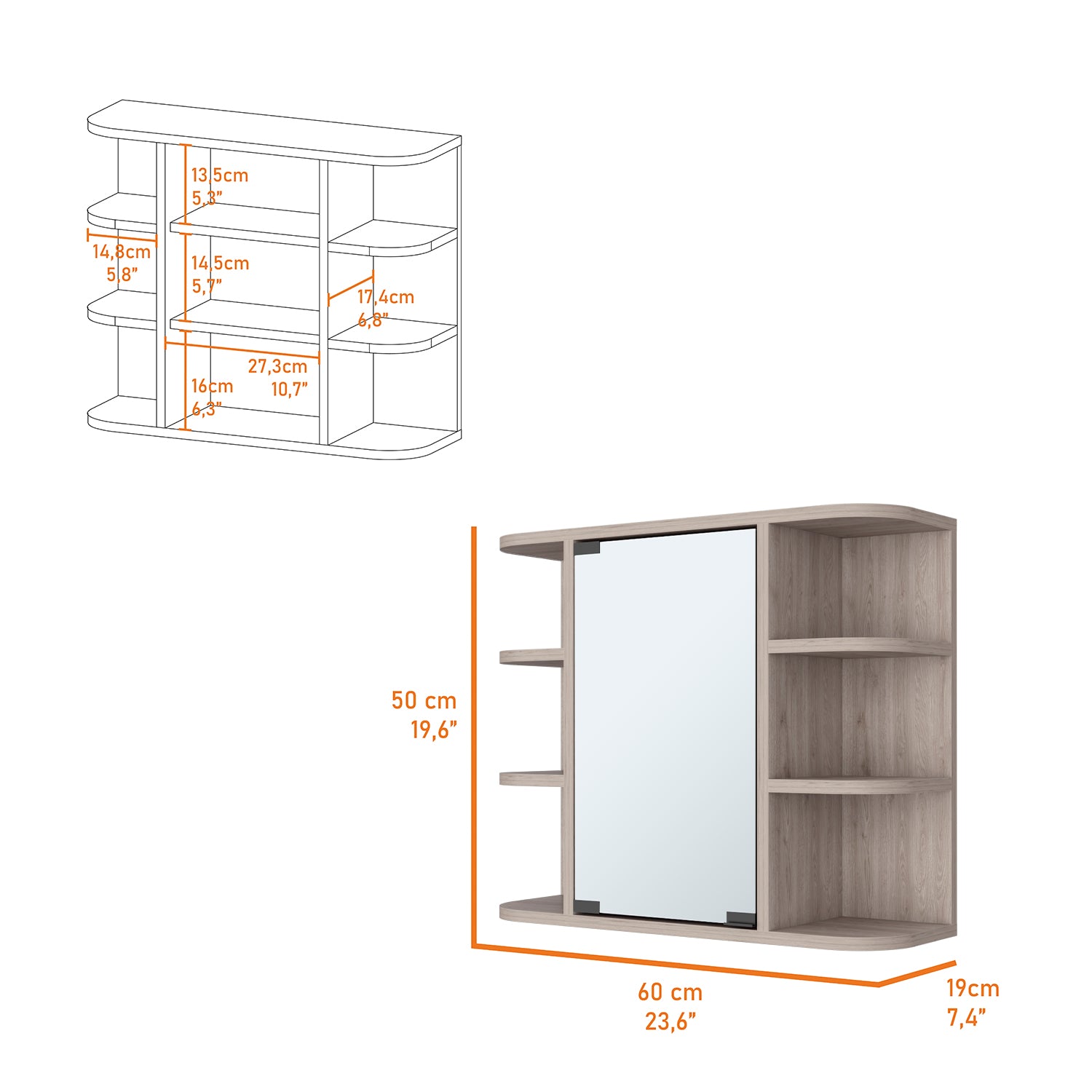 Mirrored 19H" Medicine Cabinet, Six External Shelves, Three Interior Shelves, Light Gray Gray Particle Board Particle Board