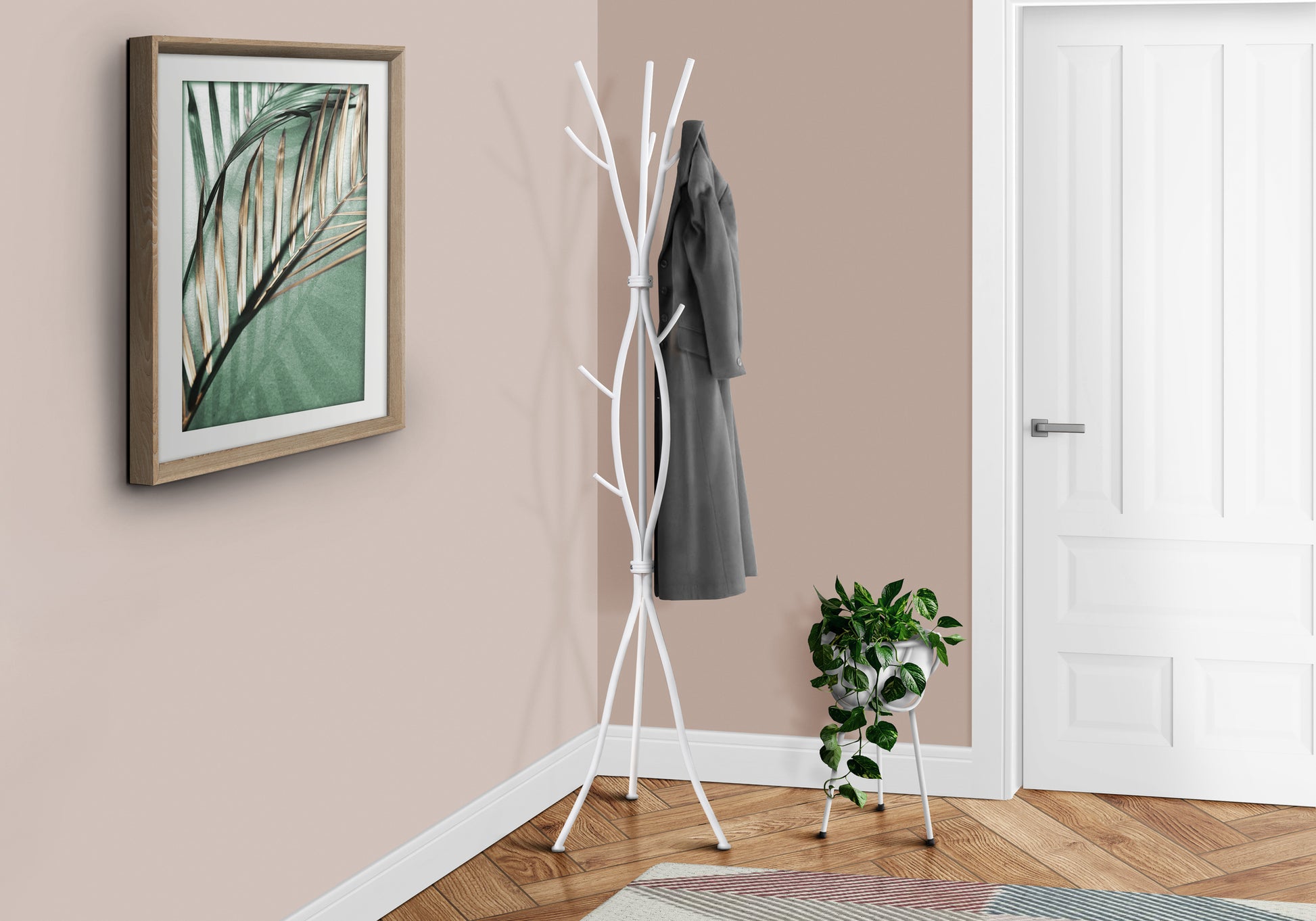 Coat Rack, Hall Tree, Free Standing, 11 Hooks, Entryway, 74"H, Bedroom, White Metal, Contemporary, Modern White Metal