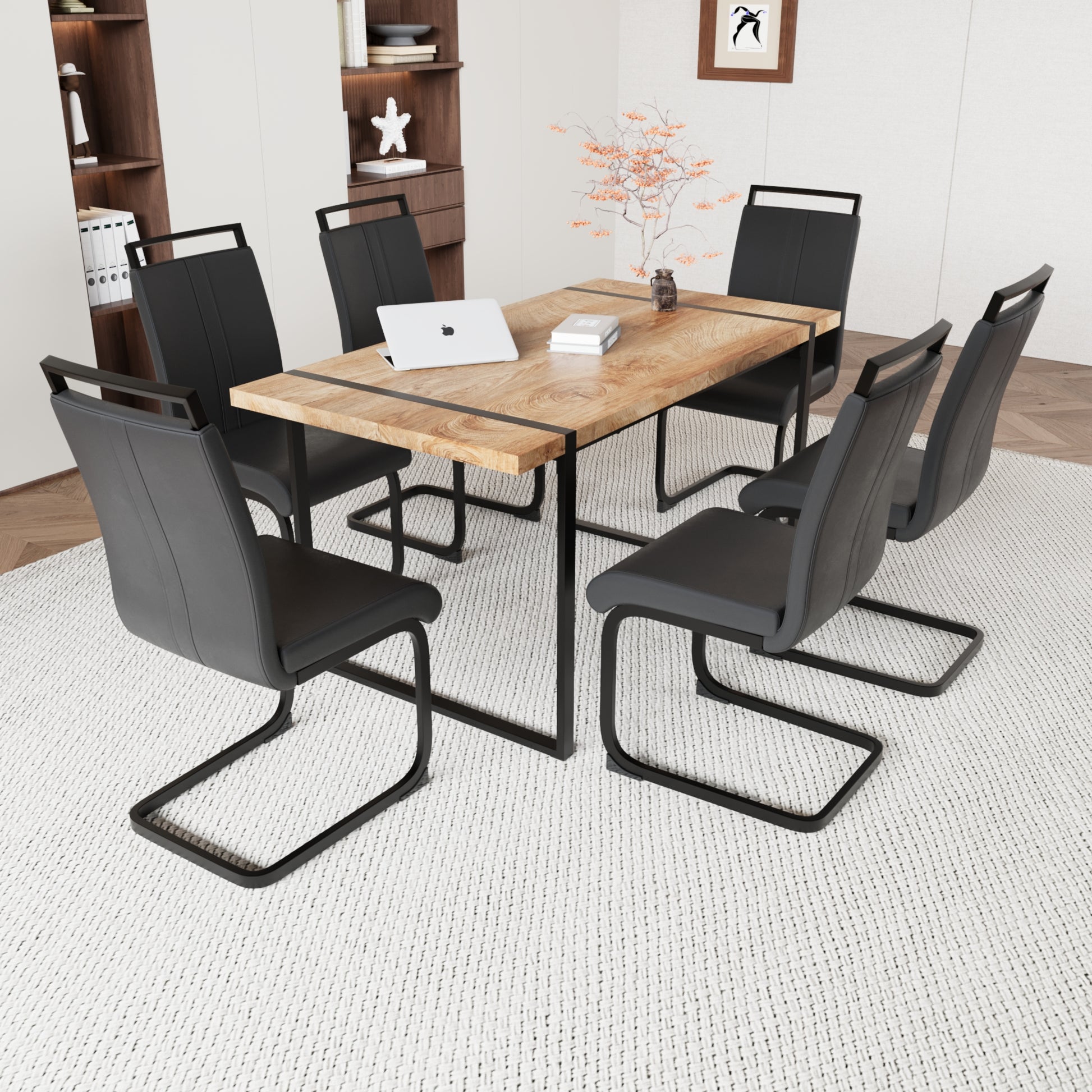 59 "Rural Industrial Rectangular Mdf Wood Color Dining Table Set And Pu Armless Dining Chair Set 6. Kitchen Black Metal Table Leg Dining Chair Set Wood Mdf