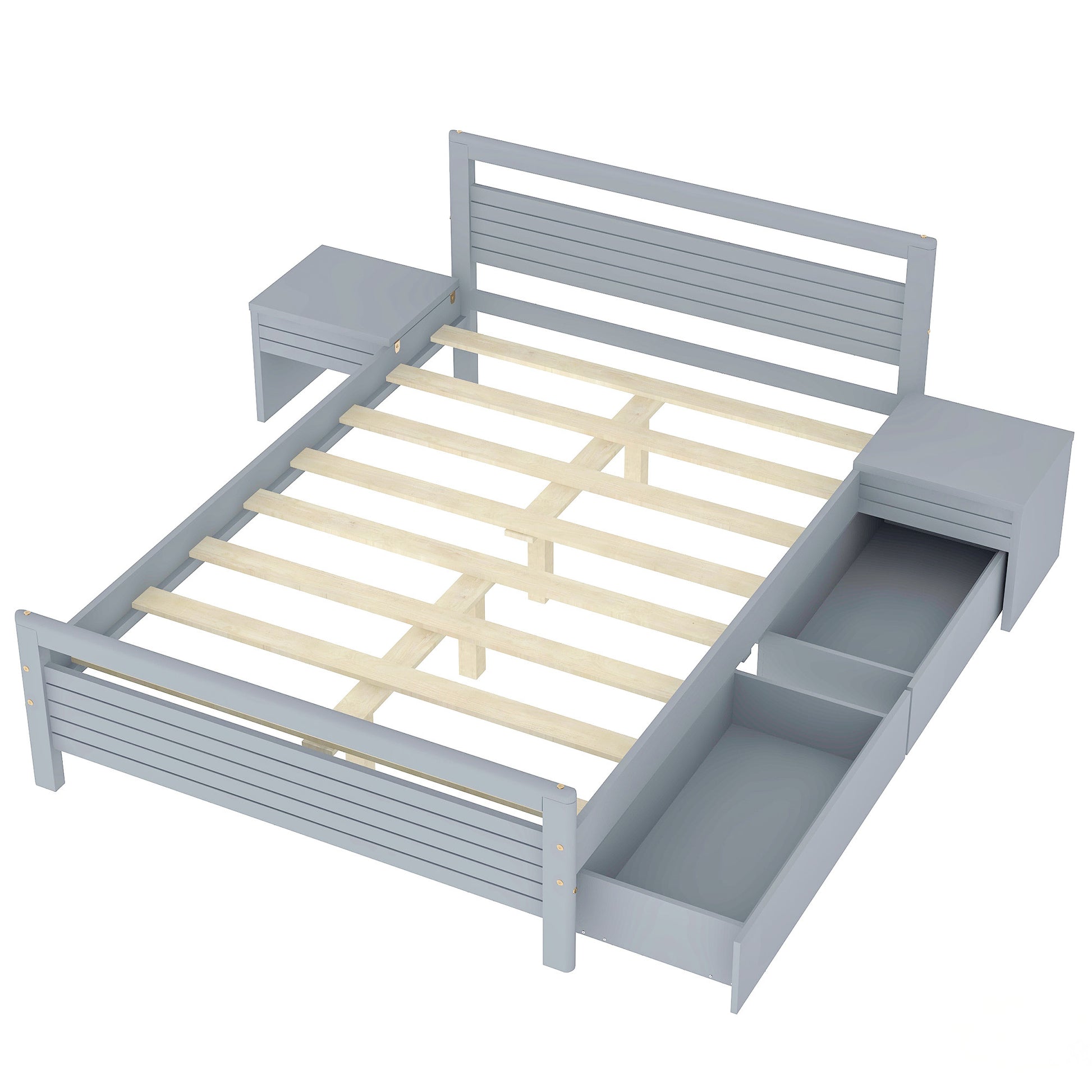 Full Size Wooden Platform Bed With 2 Storage Drawers And 2 Bedside Tables, Gray Full Gray Pine