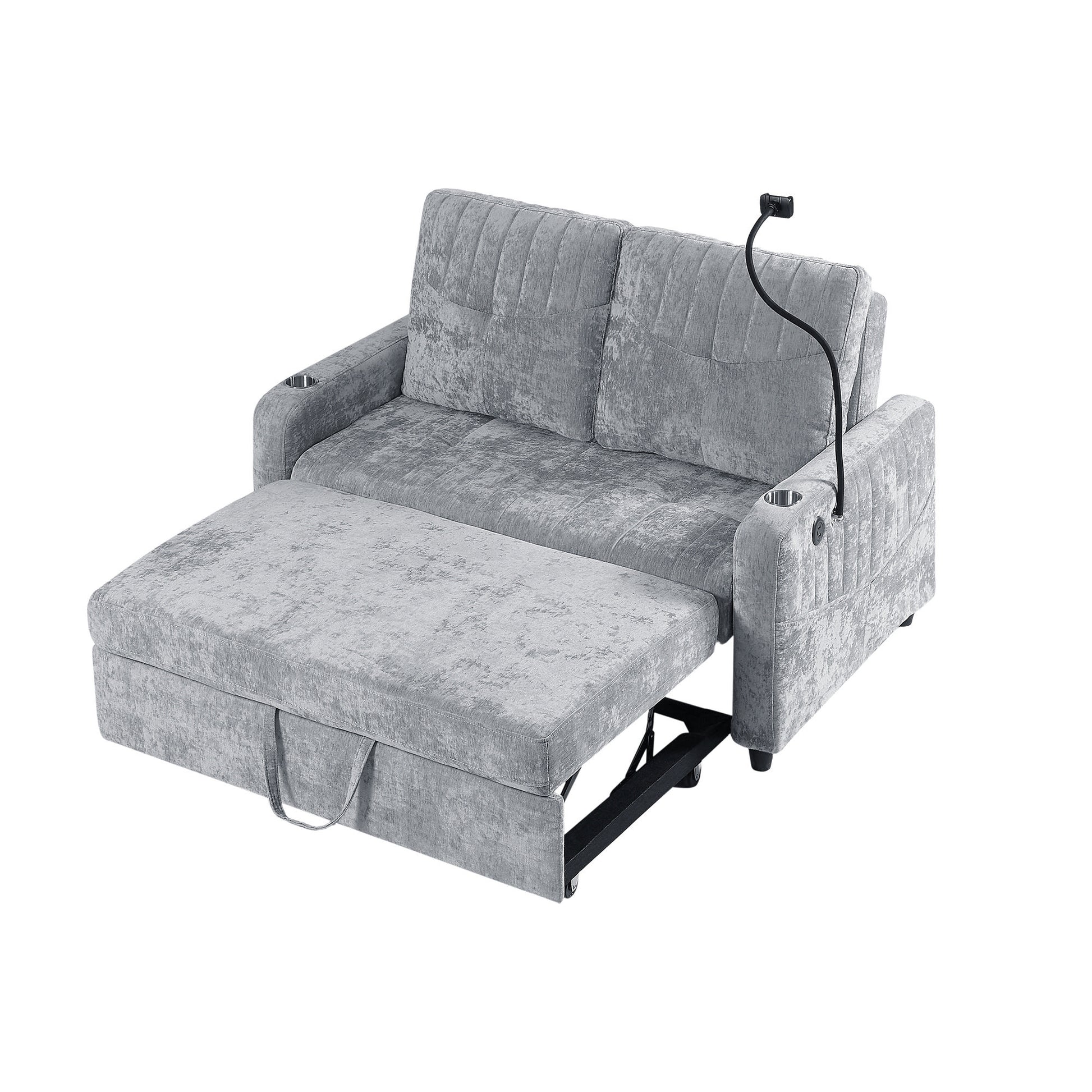 53.9" Modern Loveseat Pull Out Sofa Bed With Adjustable Backrest, Two Cup Holdersa Phone Holder, Three Charging Ports And Side Storage Pockets For Living Room, Grey Grey Foam Chenille