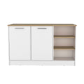 Ginger Kitchen Island, Three Open Shelves, Two Cabinets White Natural Oak Natural Walnut Dining Room Modern Rectangular Stationary Kitchen Islands Particle Board Medium 40 55In