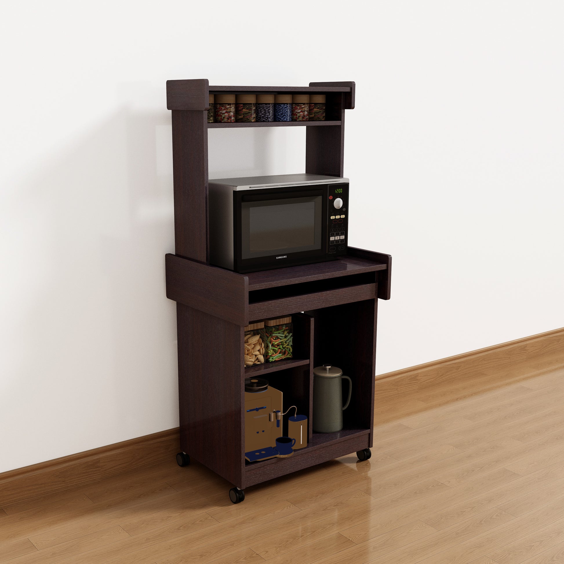 Microwave Cart Coffee Station Computer Cart On Locking Castors Hutch Gliding Shelf Red Cocoa Color Espresso Particle Board Mdf