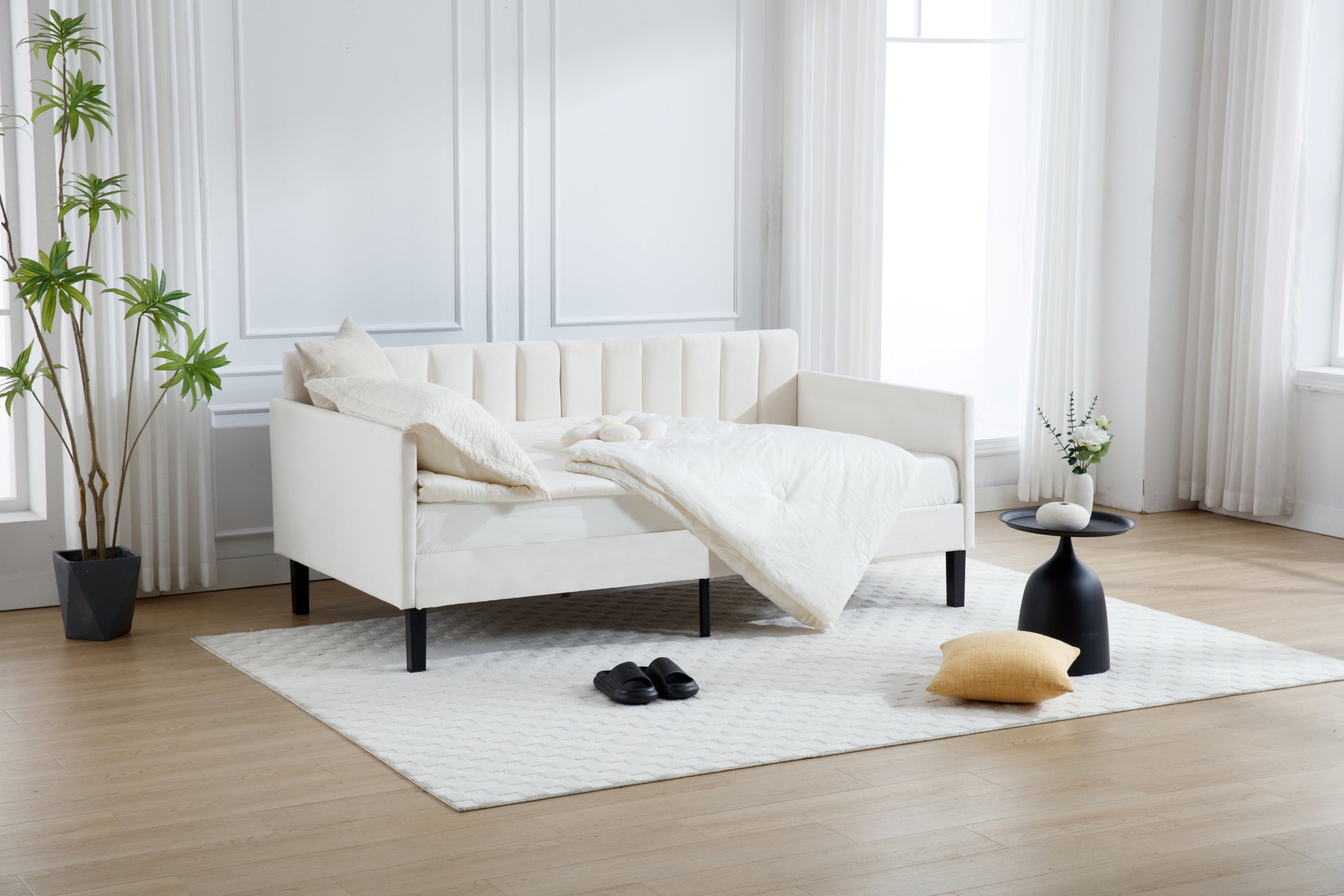 Same As B083121461 Elena Twin Size Beige Velvet Upholstered Daybed, Ribbed Tufted Backrest, Daybed In Lavish Modern Design, Richly Hued Foam Comfort Box Spring Not Required Twin Ivory Metal Bedroom Daybeds Velvet Velvet Upholstered