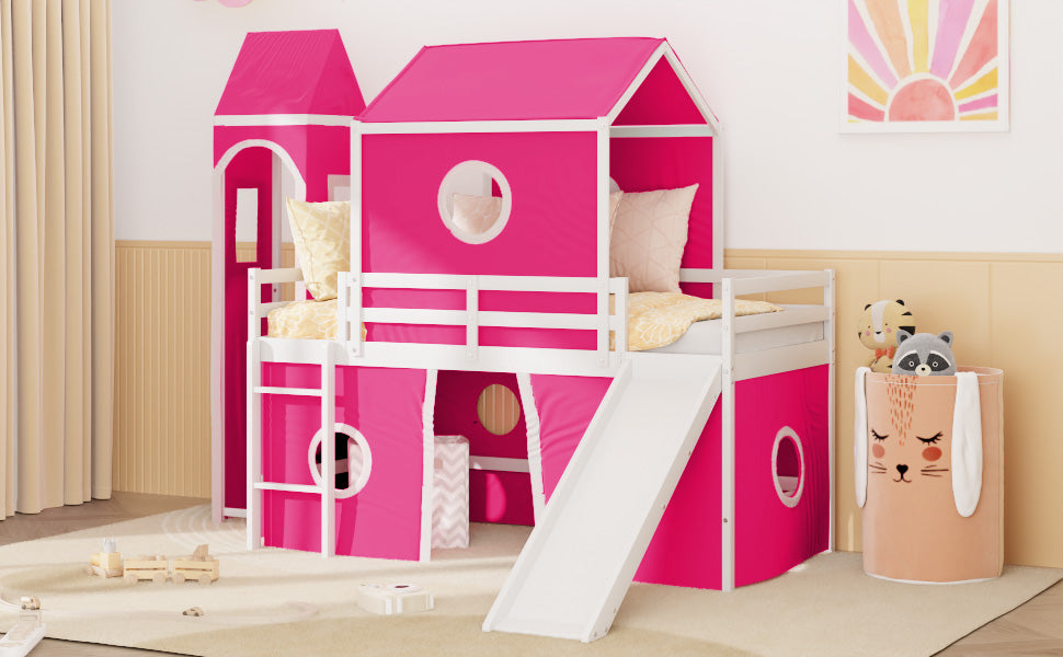 Twin Size Loft Bed With Slide Pink Tent And Tower Pink Old Sku:Wf298769Aah Twin Pink Solid Wood