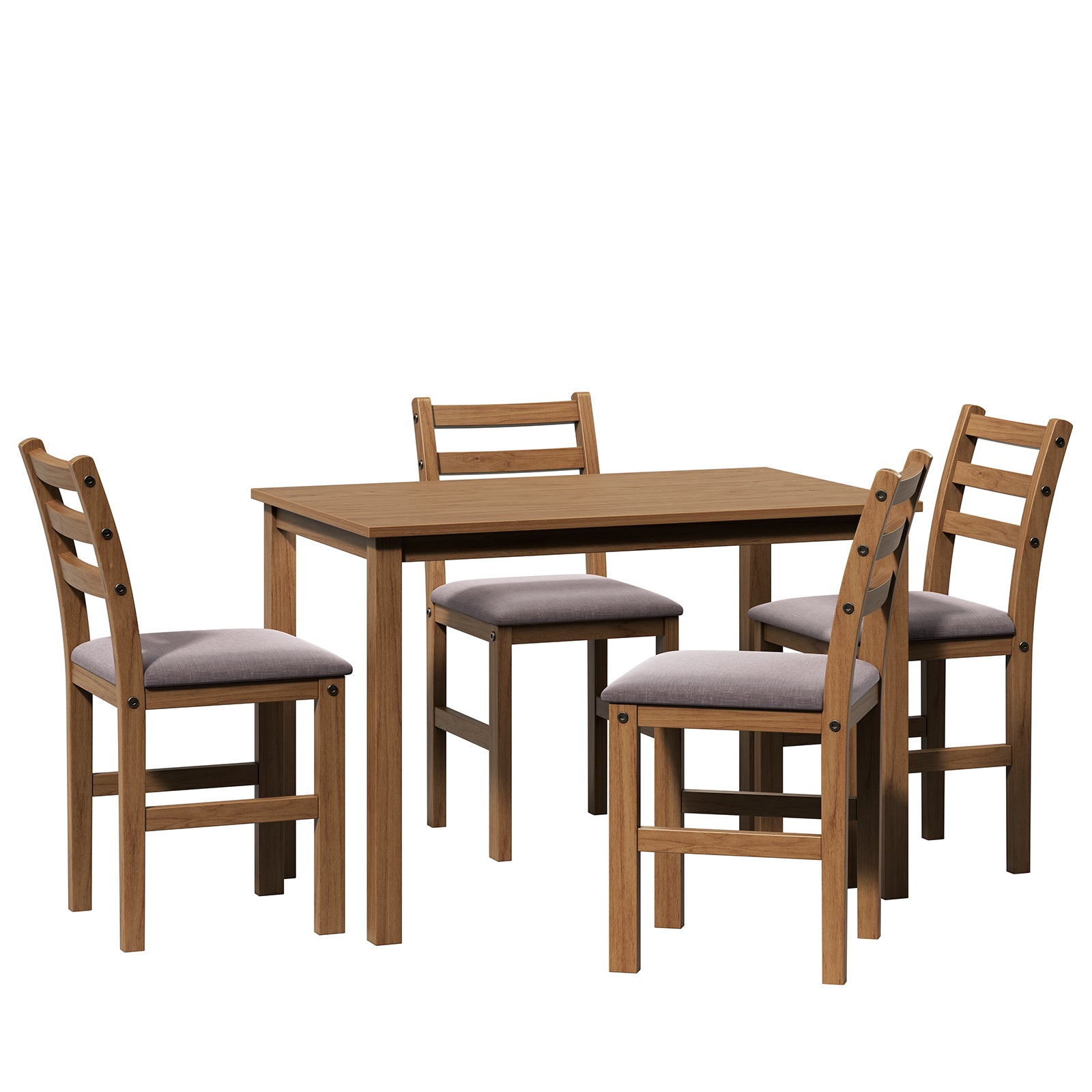 5Pcs Stylish Dining Table Set 4 Upholstered Chairs With Ladder Back Design For Dining Room Kitchen Brown Cushion And Antique Oak Oak Rubber Wood