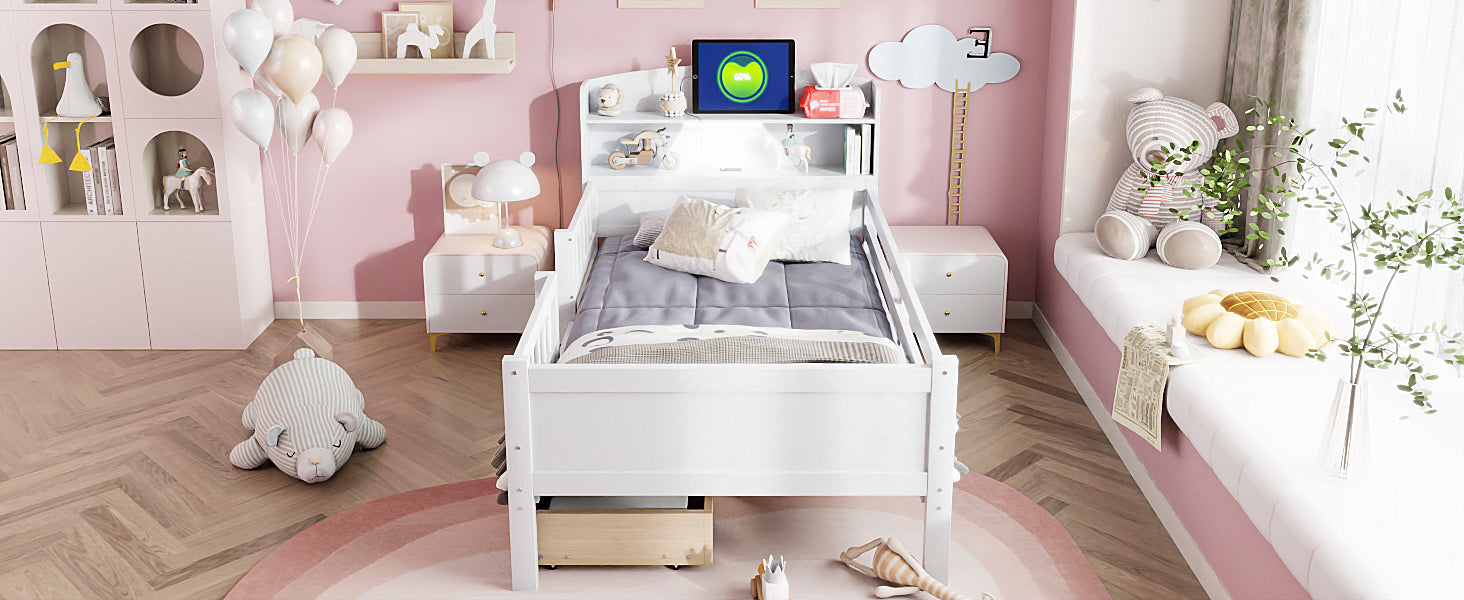 Wood Twin Size Platform Bed With Built In Led Light, Multi Functional Headboard, Guardrail And 2 Drawers, White Expected Arrival Time: 3.15 Box Spring Not Required Twin White Wood Bedroom Bed Frame