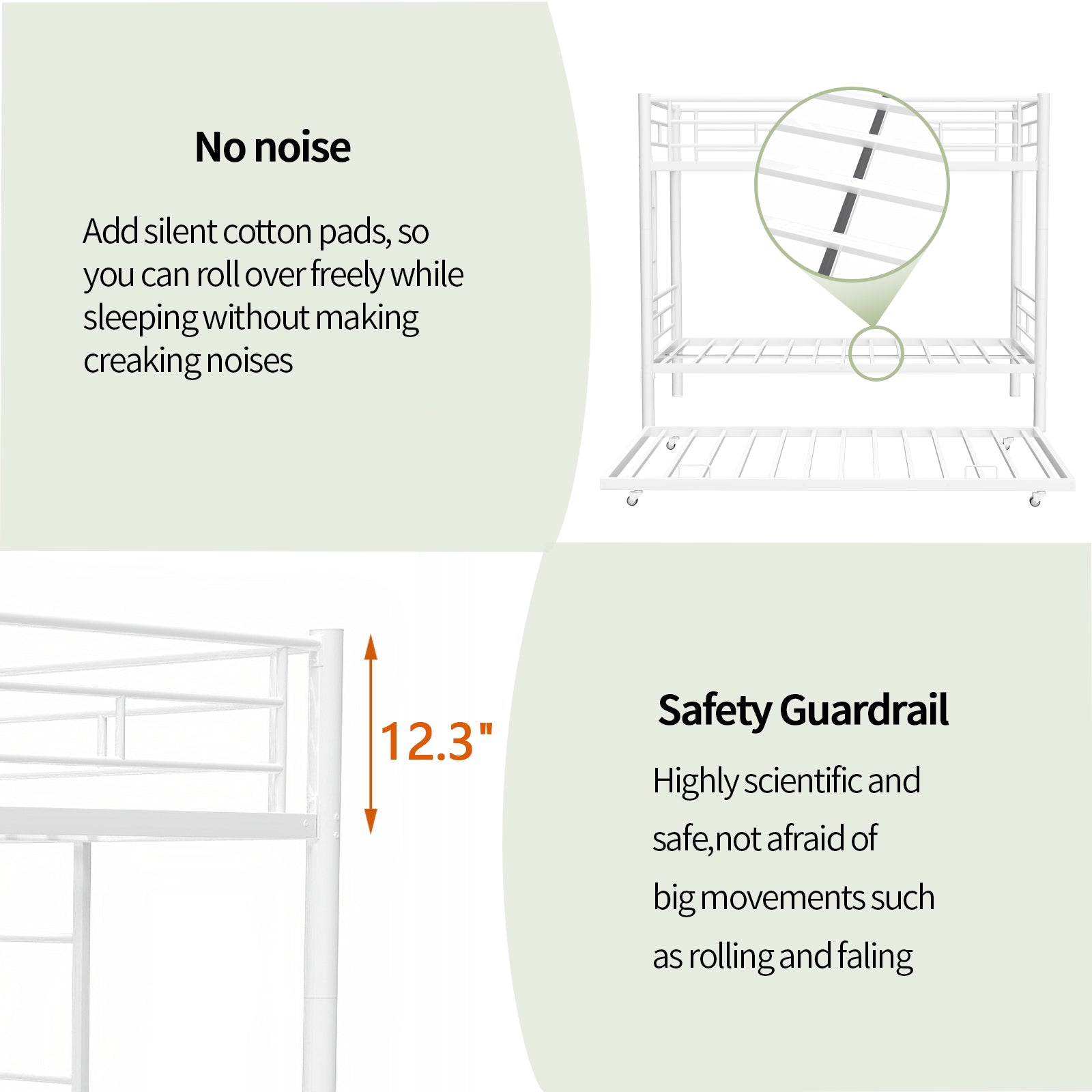 Heavy Duty Sturdy Meta Twin Over Full Bunk Bed L Noise Reduced Safety Guardrail No Box Spring Needed,White Box Spring Not Required Twin White Metal