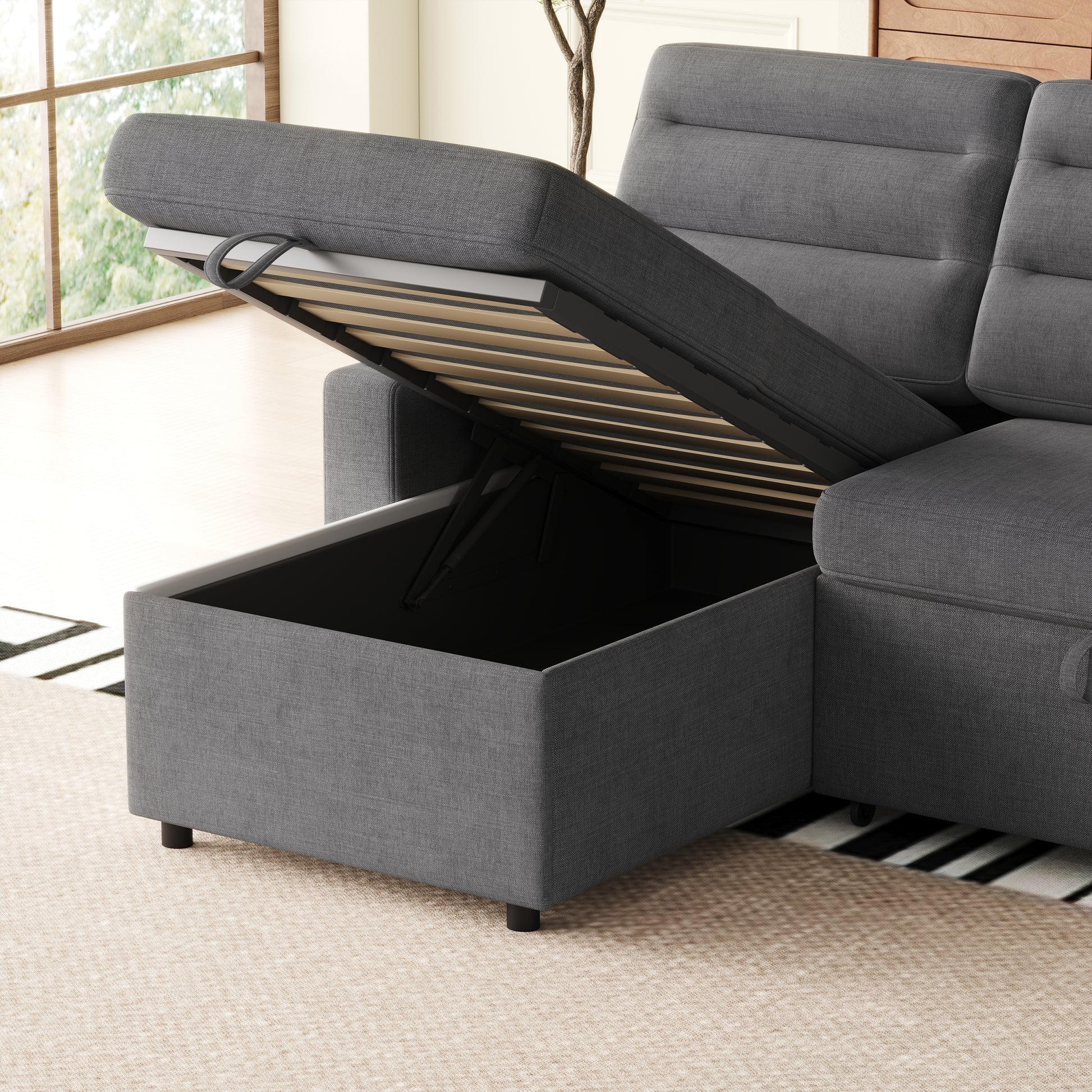 Mh83.5" Convertible Sleeper Combo Sofa, Convertible Sofa Bed Polyester Pullout Bed With Storage Recliner And Cup Holder For Living Room, Tight Spaces Dark Grey Polyester Wood Primary Living Space Pine Foam Fabric 3 Seat