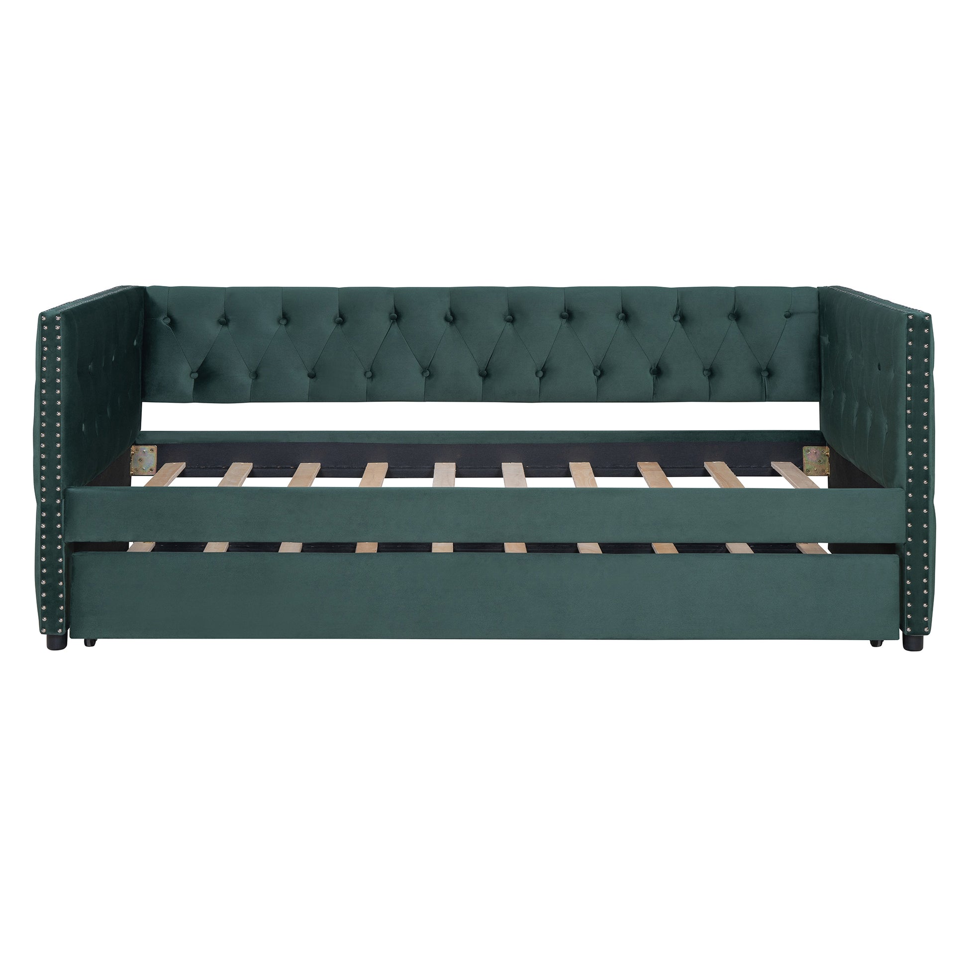 Twin Size Tufted Upholstered Daybed With Trundle, Velvet Sofabed With Rivet Design, No Box Spring Needed,Green Twin Green Velvet