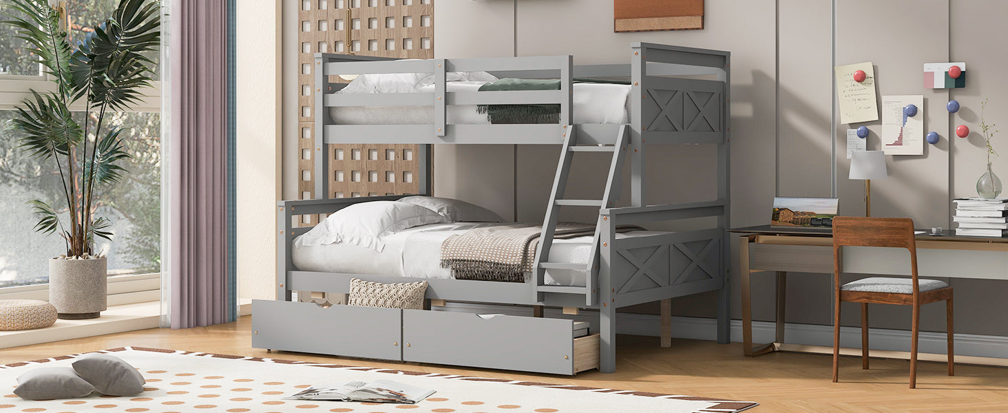 Twin Over Full Bunk Bed With Ladder, Two Storage Drawers, Safety Guardrail, Gray Box Spring Not Required Twin Gray Wood Bedroom Bunk Pine