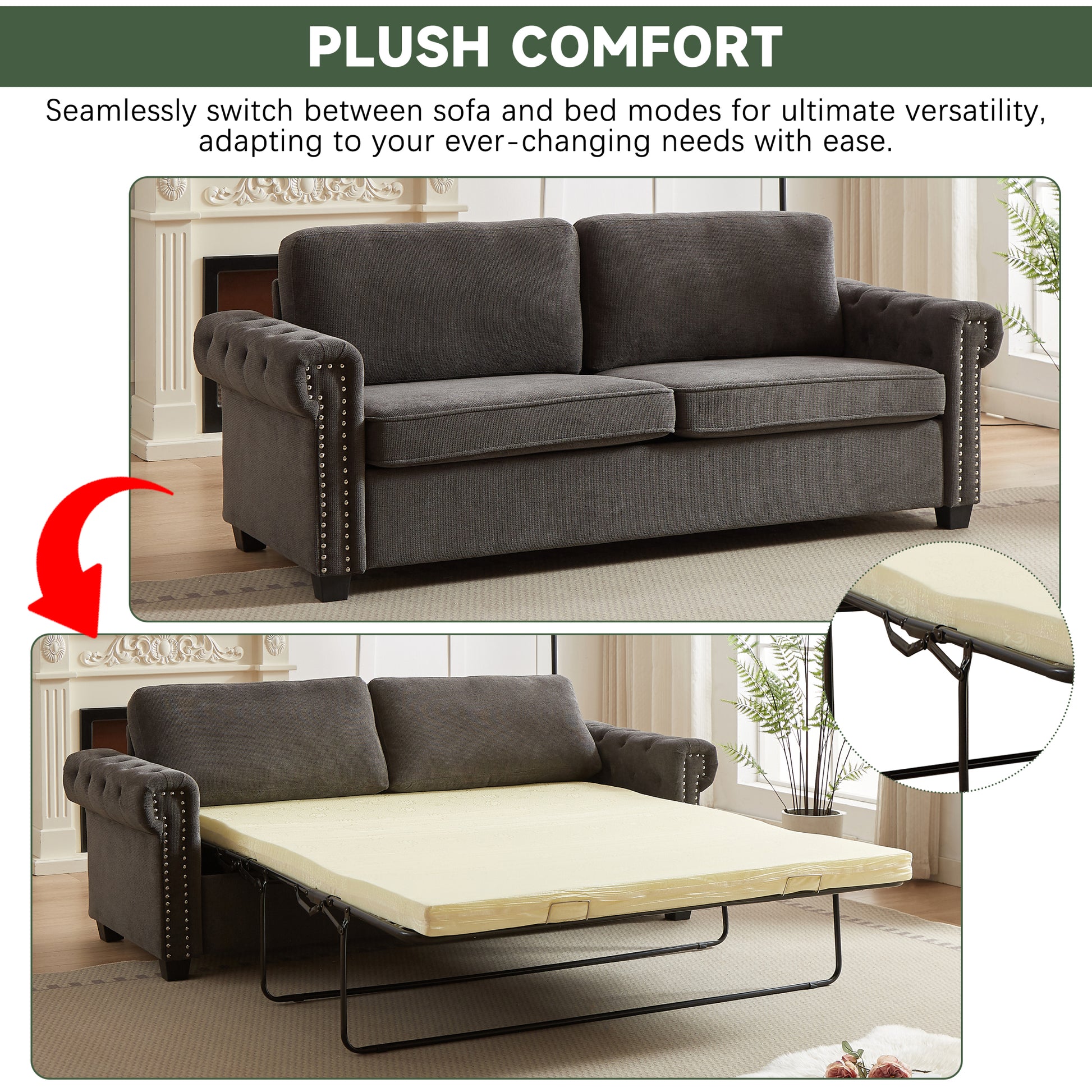 Fx 83.8" Convertible Sleeper Sofa Bed, 2 In 1 Pullout Sofa Bed, Polyester Sleeper Sofa Bed With Folding Mattress, Living Room Pullout Sofa Bed, Apartment Small Space Sofa Sleeper Gray Polyester Foam Fabric 3 Seat