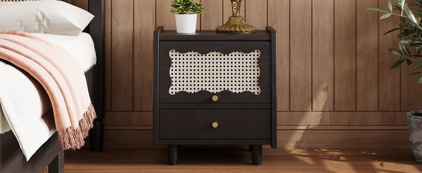 Wooden Nightstand With Rattan Woven Storage Cabinet And 1 Drawer, Exquisite Elegance With Natural Storage Solutions For Bedroom, Black Expected Arrival Time: 08.23 Black 1 Drawer Wood