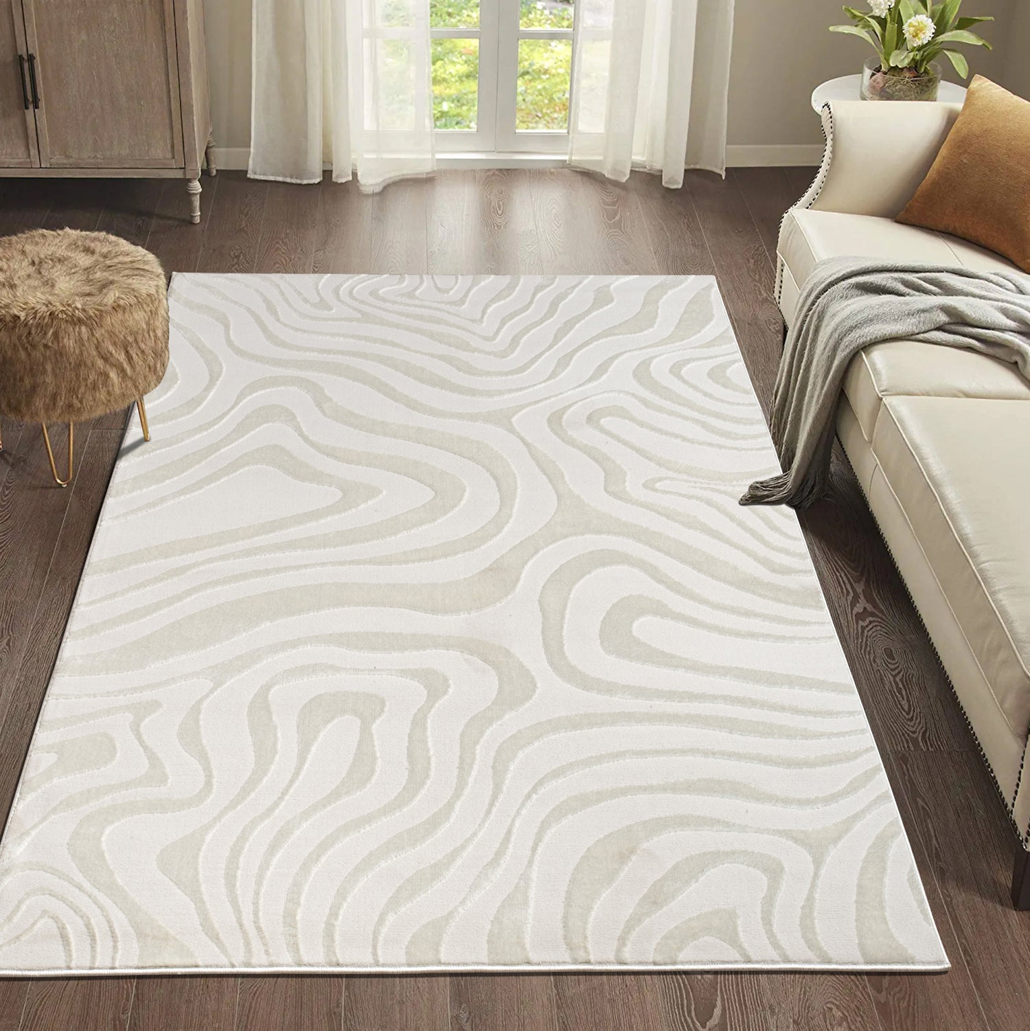 "Ava" Luxury Area Rug In Cream Abstract Design Cream Polyester