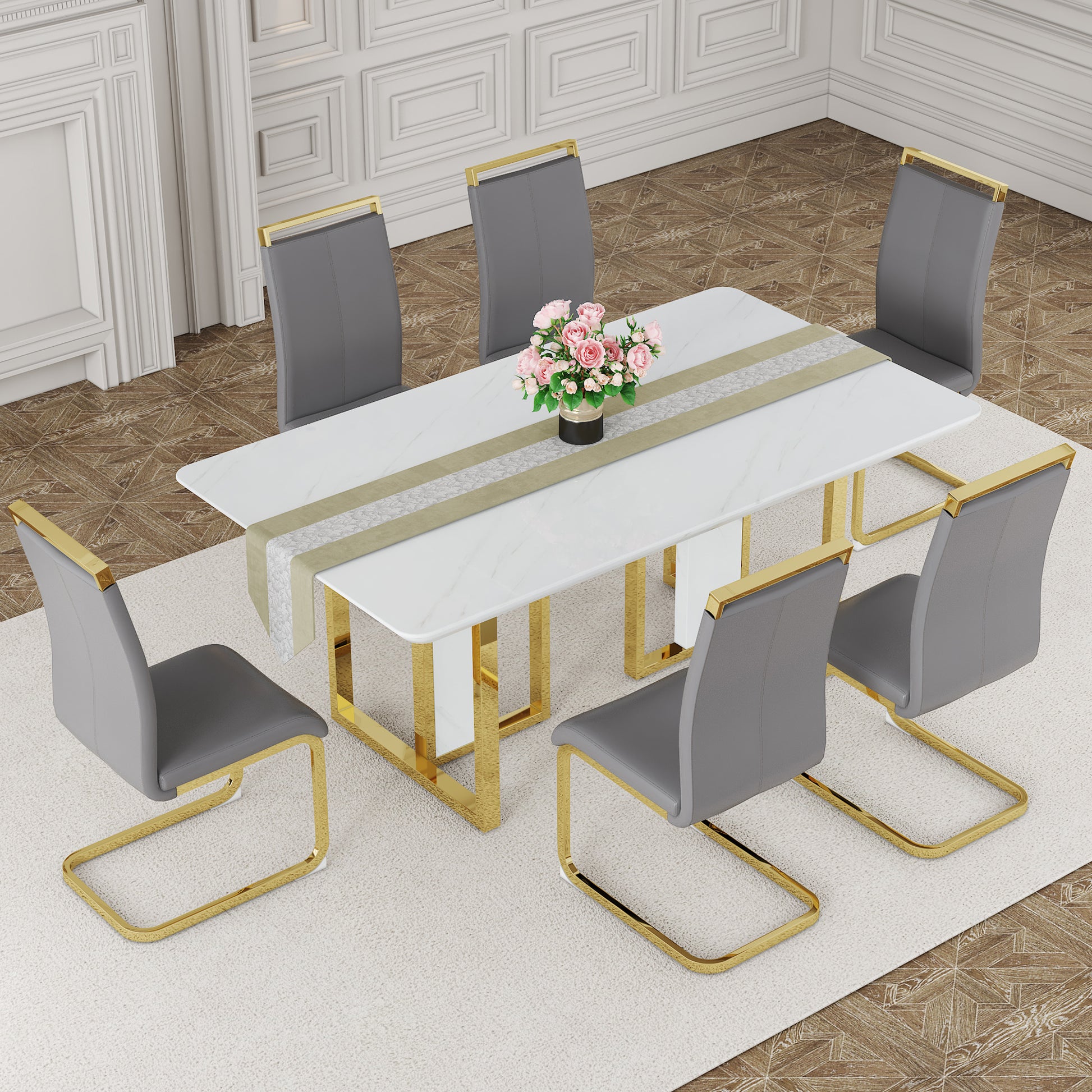 Table And Chair Set.67"X36" White Marble Pattern Mdf Dining Table Set With 6 Dark Gray Pu Chairs.Mdf Sticker,White Marble Pattern Sticker,Gold C Tube Chair Legs,Suitable For Kitchen,Dining Room,Etc.