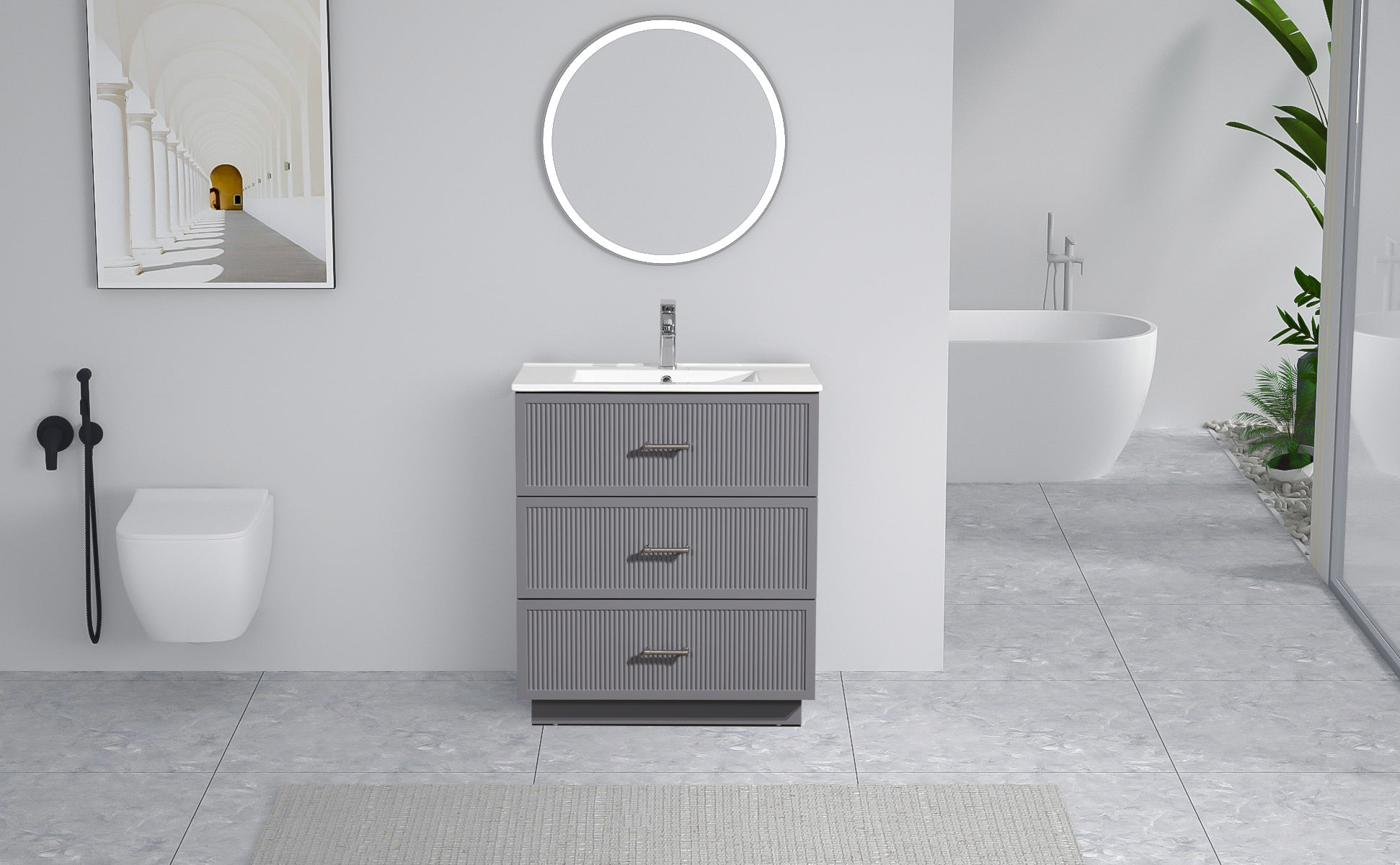 30 Inch Bathroom Vanity With Ceramic Sink Combo Set, Modern Freestanding Bathroom Storage Cabinet With 2 Drawers, Floor Standing Bath Vanity, Gray Grey Mdf