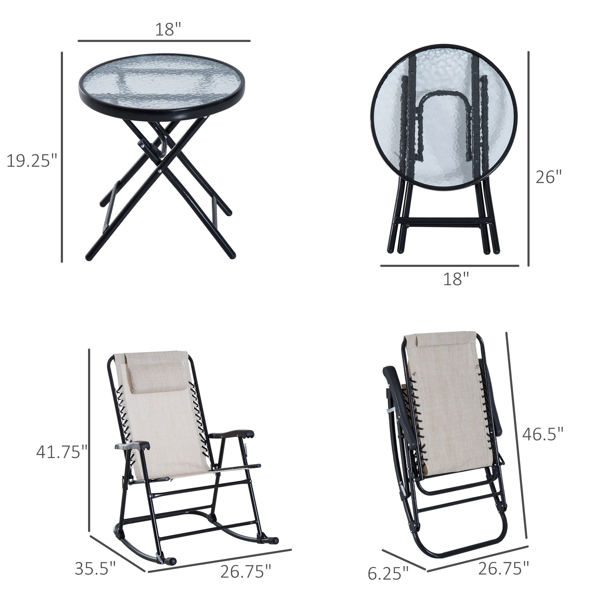 Outsunny 3 Piece Outdoor Rocking Chair Set, Patio Folding Lawn Rocker Set With Glass Coffee Table, Headrests For Yard, Patio, Deck, Backyard, Cream White Cream White Fabric