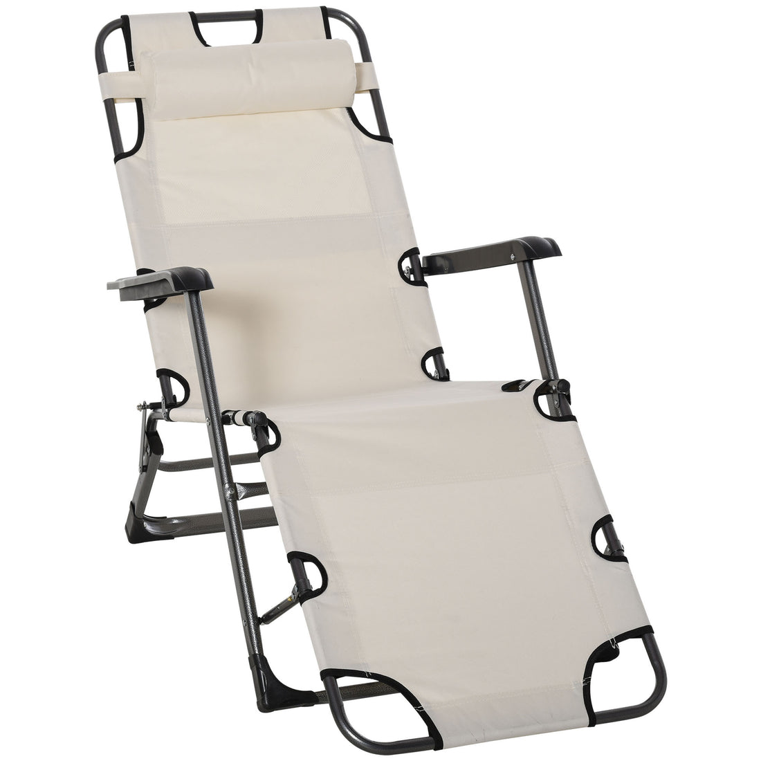 Outsunny Folding Chaise Lounge Chair For Outside, 2 In 1 Tanning Chair With Pillow & Pocket, Adjustable Pool Chair For Beach, Patio, Lawn, Deck, Cream White Cream White Metal