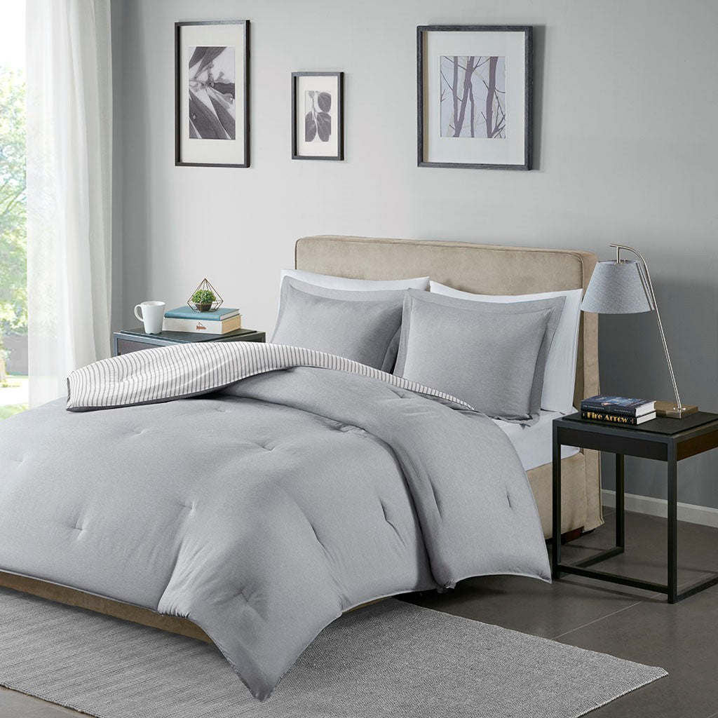Reversible Yarn Dyed Stripe Down Alternative Comforter Set Queen White Gray Microfiber