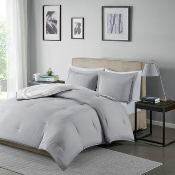 Reversible Yarn Dyed Stripe Down Alternative Comforter Set King White Gray Microfiber