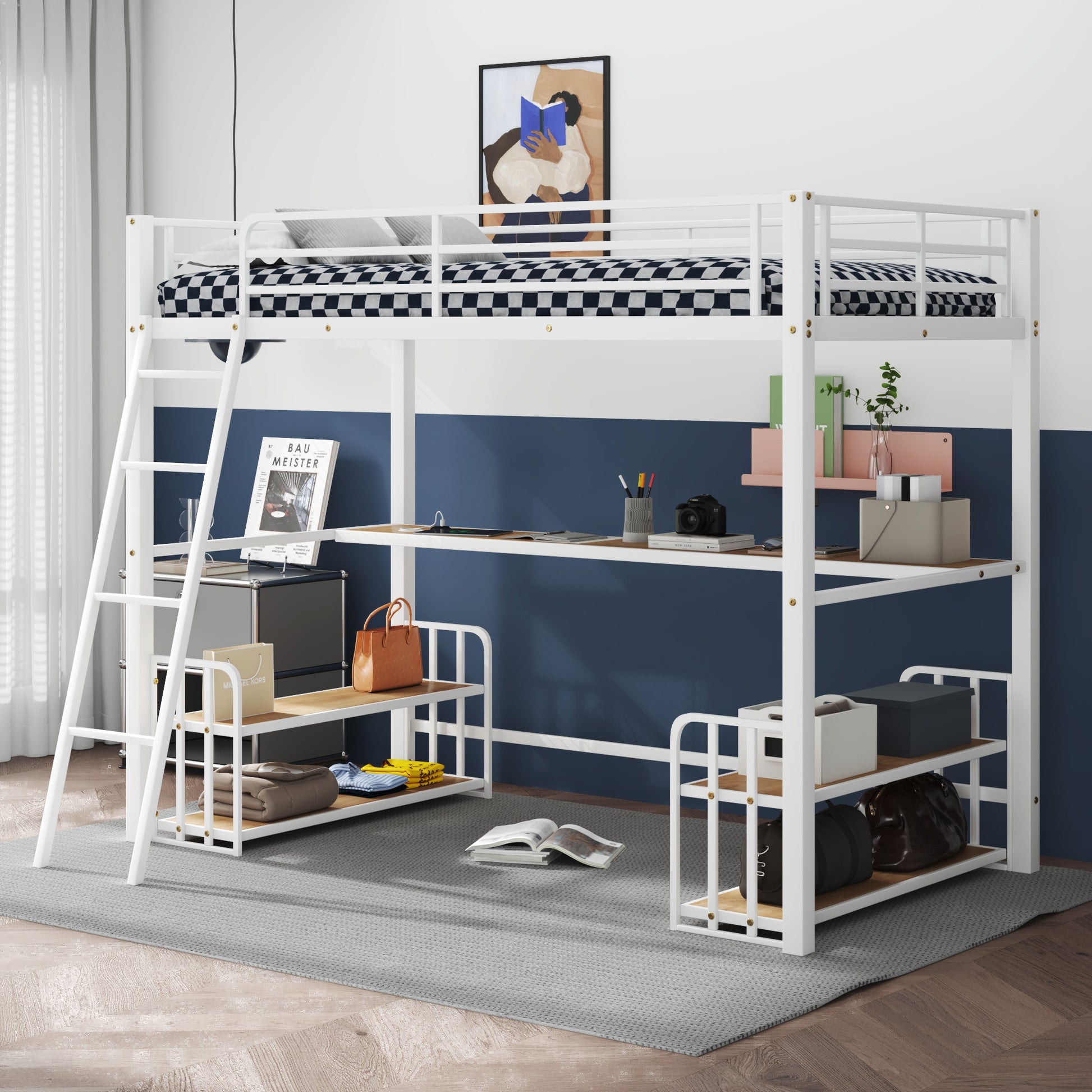 Twin Size Metal Loft Bed With Desk, Storage Shelves And Charging Station, White Box Spring Not Required Twin White Metal Mdf Metal