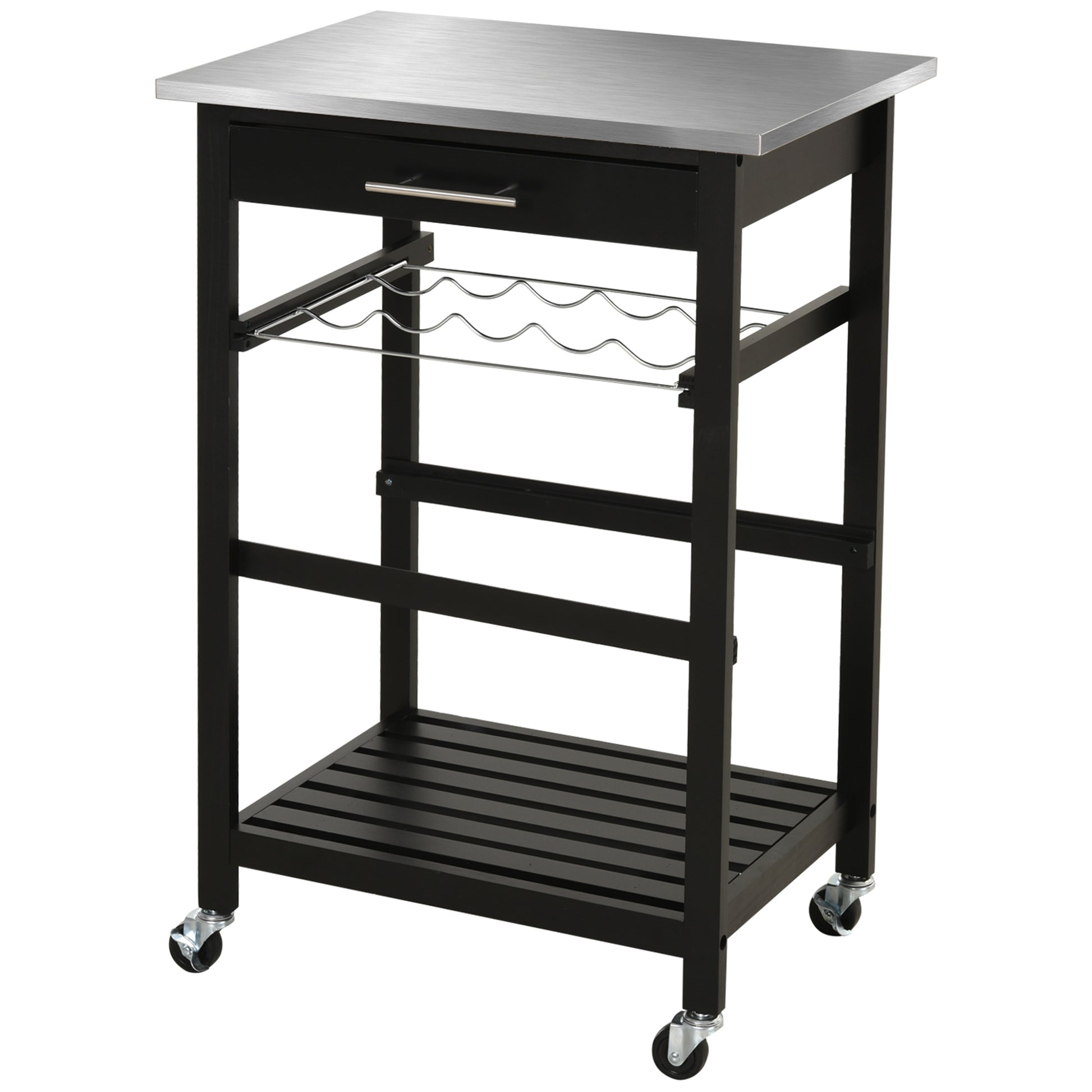 Homcom Kitchen Island Cart Rolling Trolley Utility Serving Cart With Stainless Steel Tabletop, Wine Rack & Drawer Black Pine