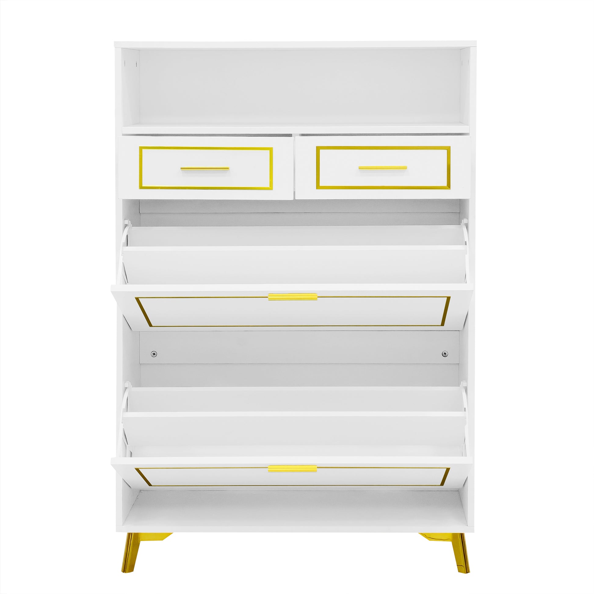 Shoe Cabinet With 2 Flip Drawers, 2 Slide Drawers And 1 Shelf, Modern Free Standing Shoe Rack For Heels,Sneakers, Slippers,Shoe Storage Cabinet For Entryway, Hallway, Living Room, White White Mdf