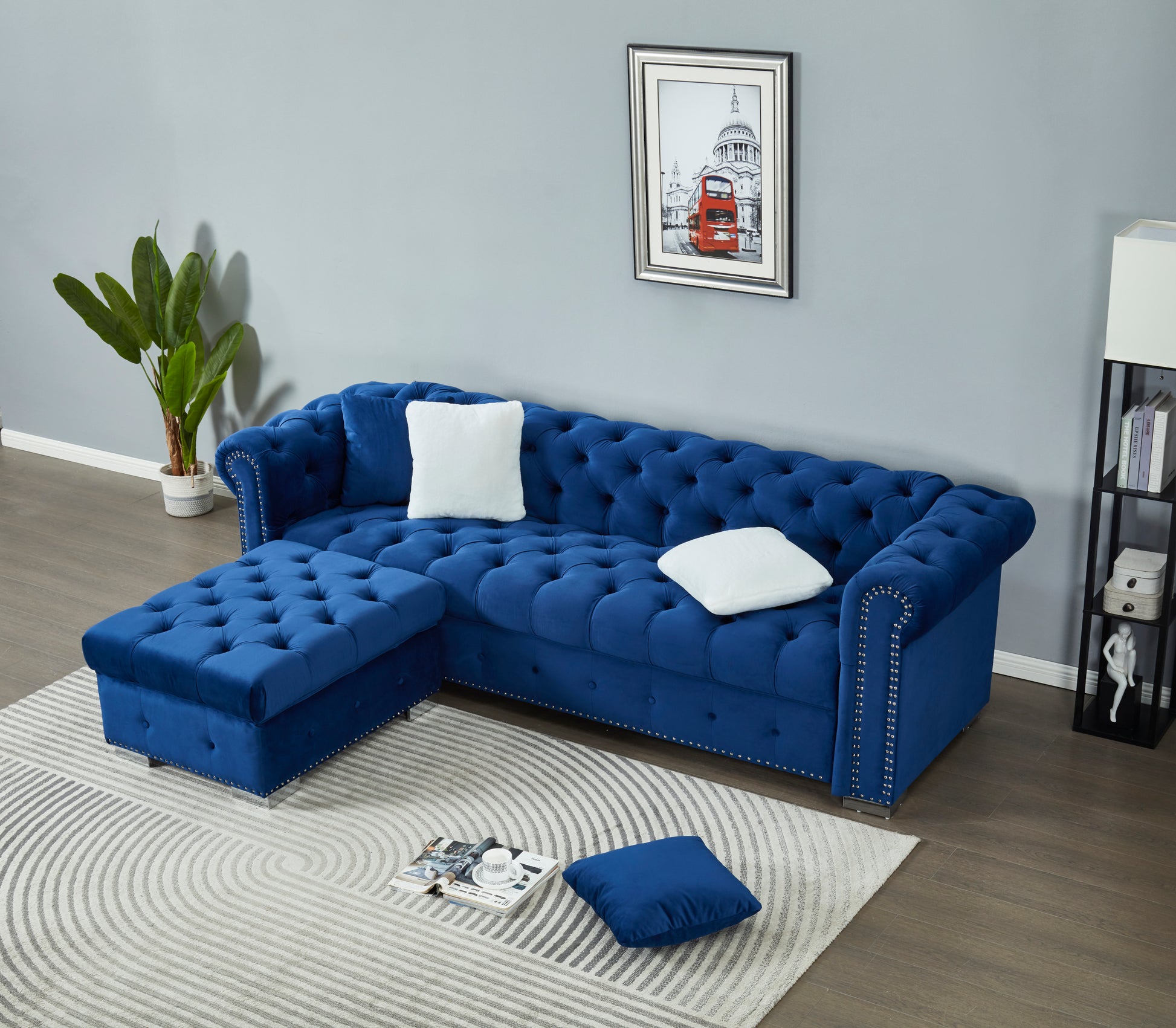 Reversible Sectional Sofa 4 Seater Oversized Convertible L Shaped Couch Velvet Sofa Couch Navy Blue Velvet 4 Seat