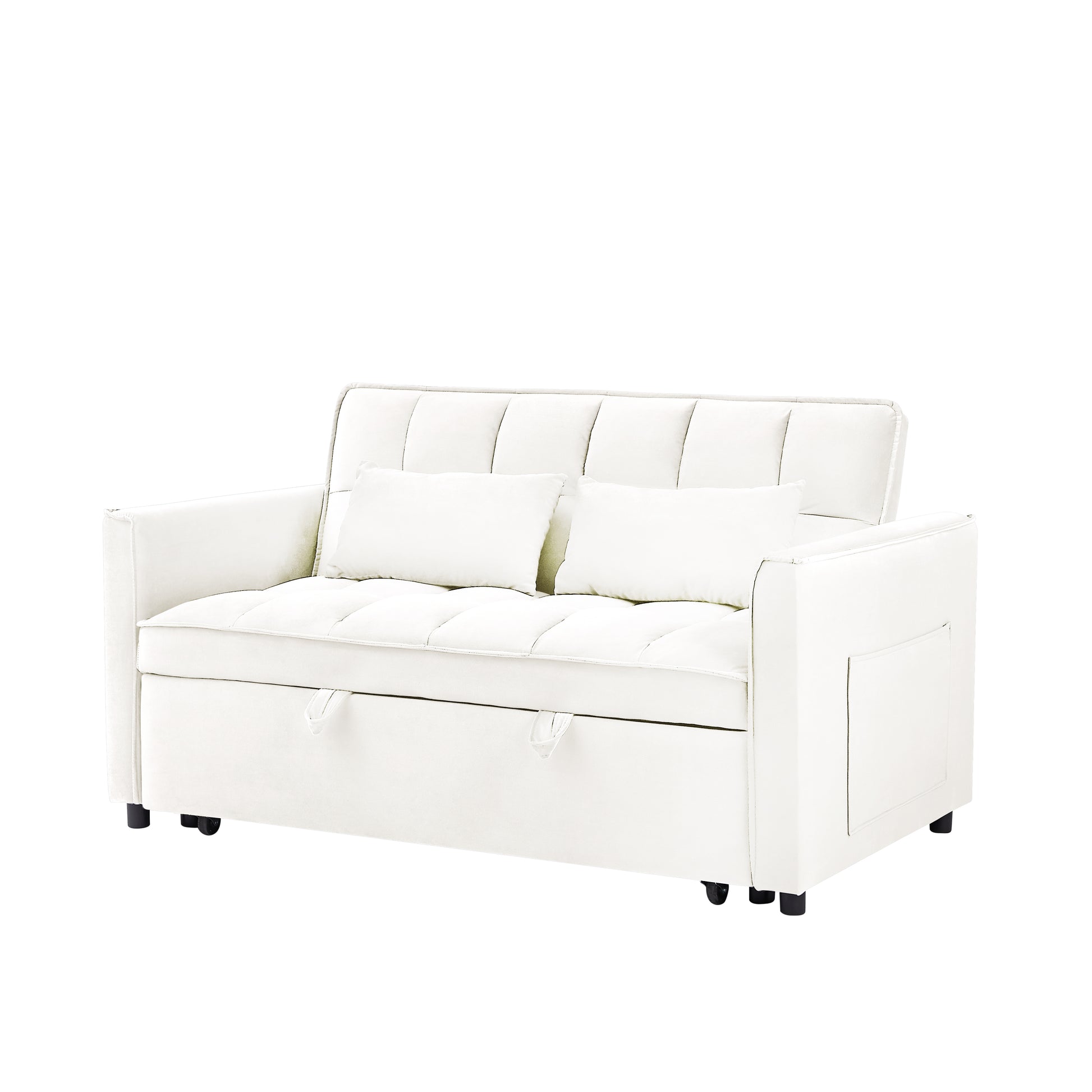 55.1 Inch 3 In 1 Convertible Sofa Bed, Modern Velvet Double Sofa Futon Sofa Bed With Adjustable Back, Storage Bag And Pillow, For Living Room, Bedroom Off White Light Brown Wood Primary Living Space Medium Duty Eucalyptus 2 Seat Beige White Velvet Soft