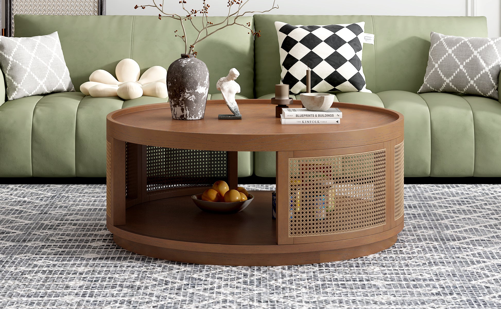37'' Wooden Mid Century Modern Coffee Table, Round Cane Coffee Table With Pe Rattan Side For Living Room,Brown Brown Mdf